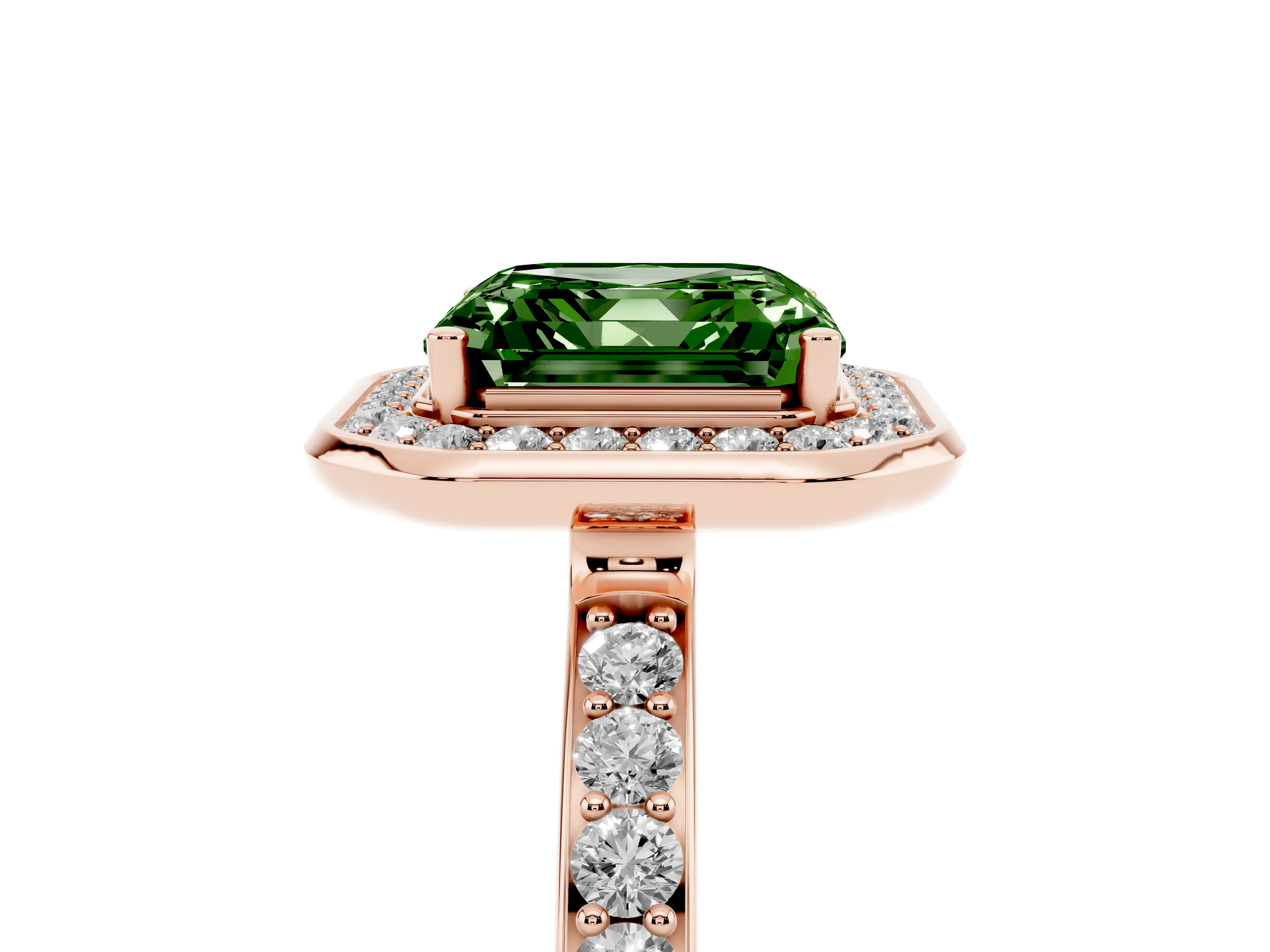 Fancy Green Asscher Cut Diamond Halo Ring Set in Rose gold with Bezel Frame and Pavé Band