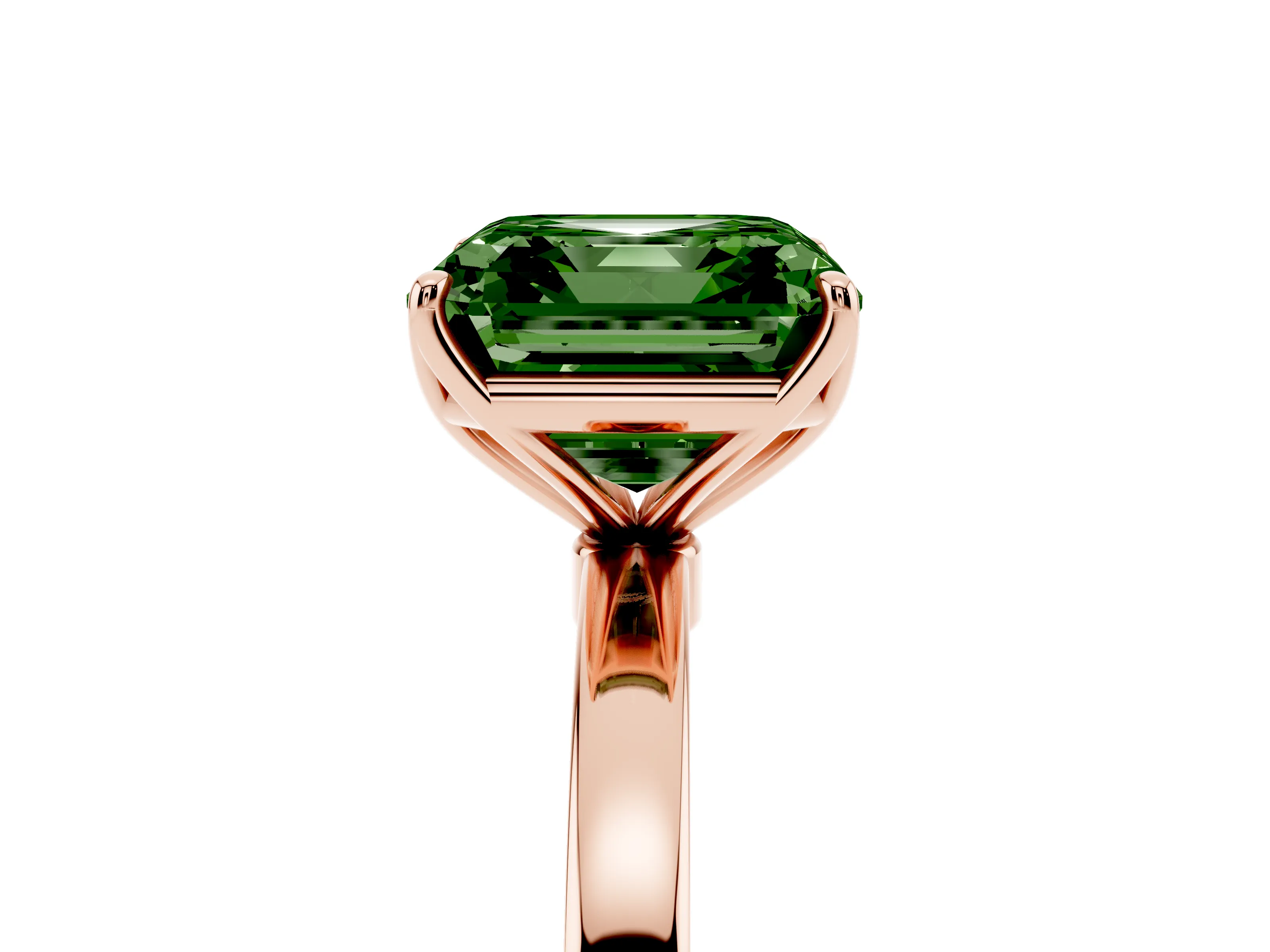 Fancy Green Asscher Cut Diamond Solitaire Ring Set in Rose gold with Prong Setting and Thin Polished Band