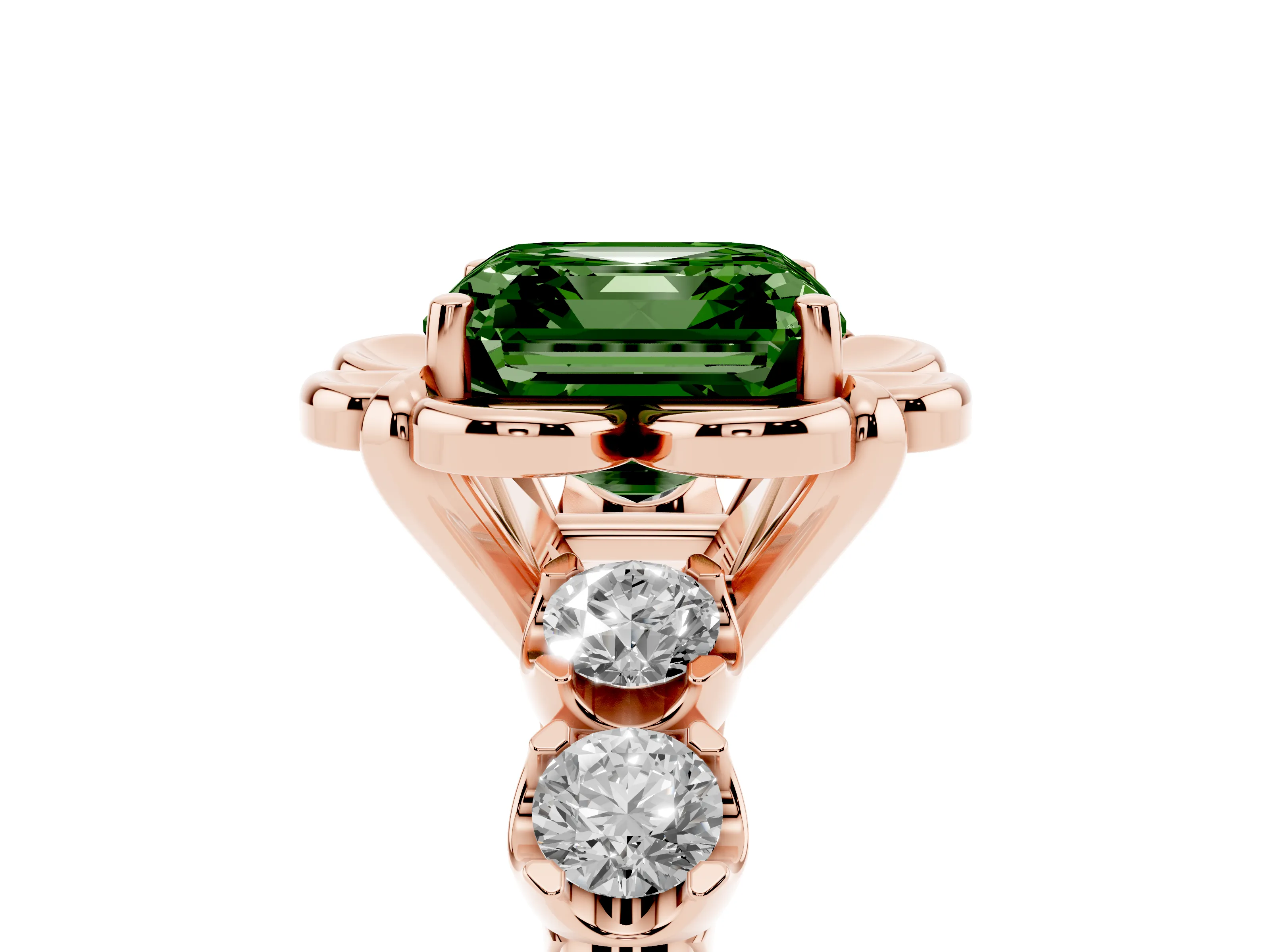 Fancy Green Asscher Cut Diamond Floral Halo Ring Set in Rose gold with Shared Prong Band