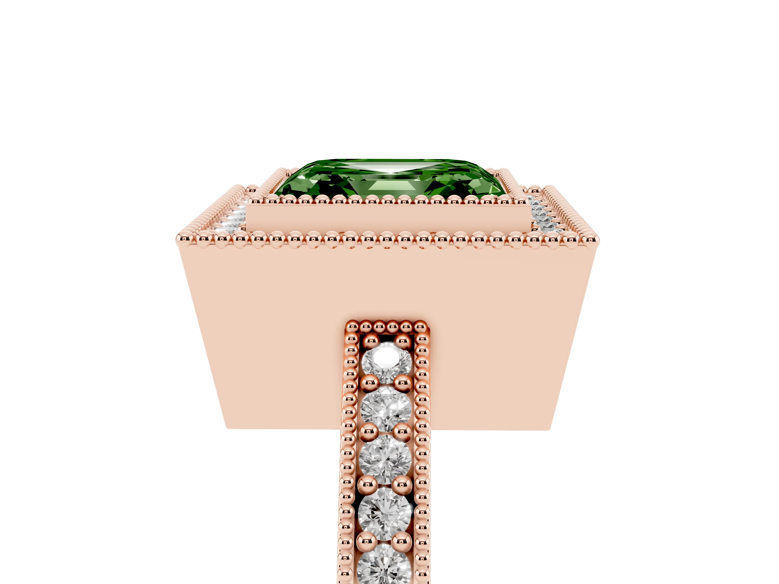 Fancy Green Asscher Cut Diamond Halo Engagement Ring Set in Rose gold with Pavé Band and Round Halo Stones
