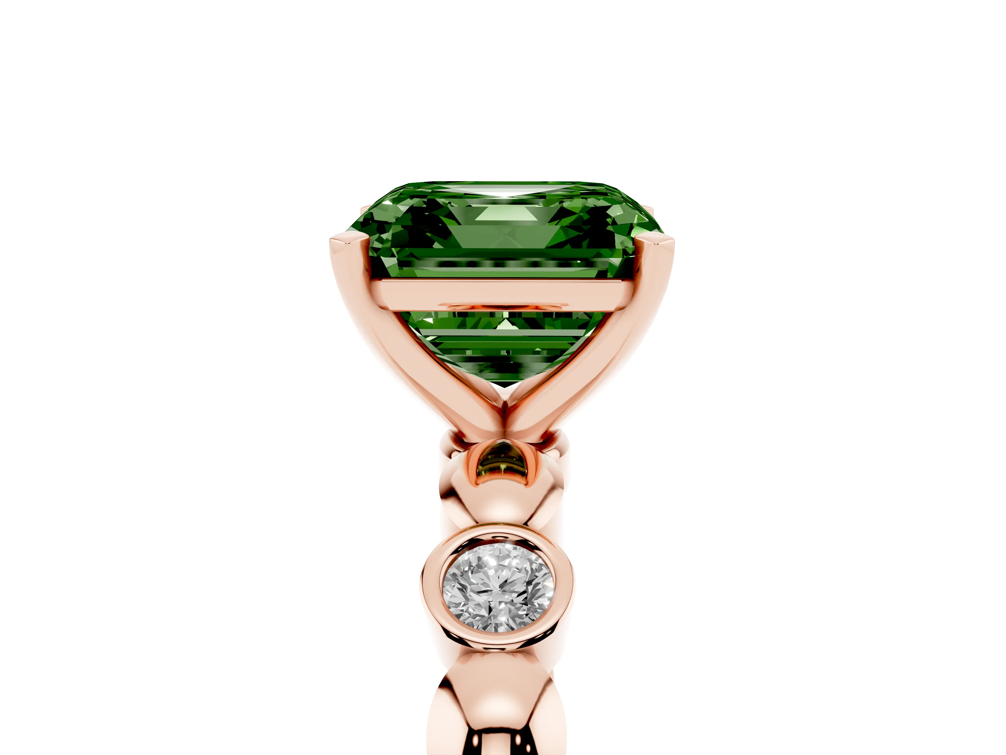 Fancy Green Asscher Cut Diamond Solitaire Ring Set in Rose gold with Bezel-Set Accents on Beaded Band and Prong Setting