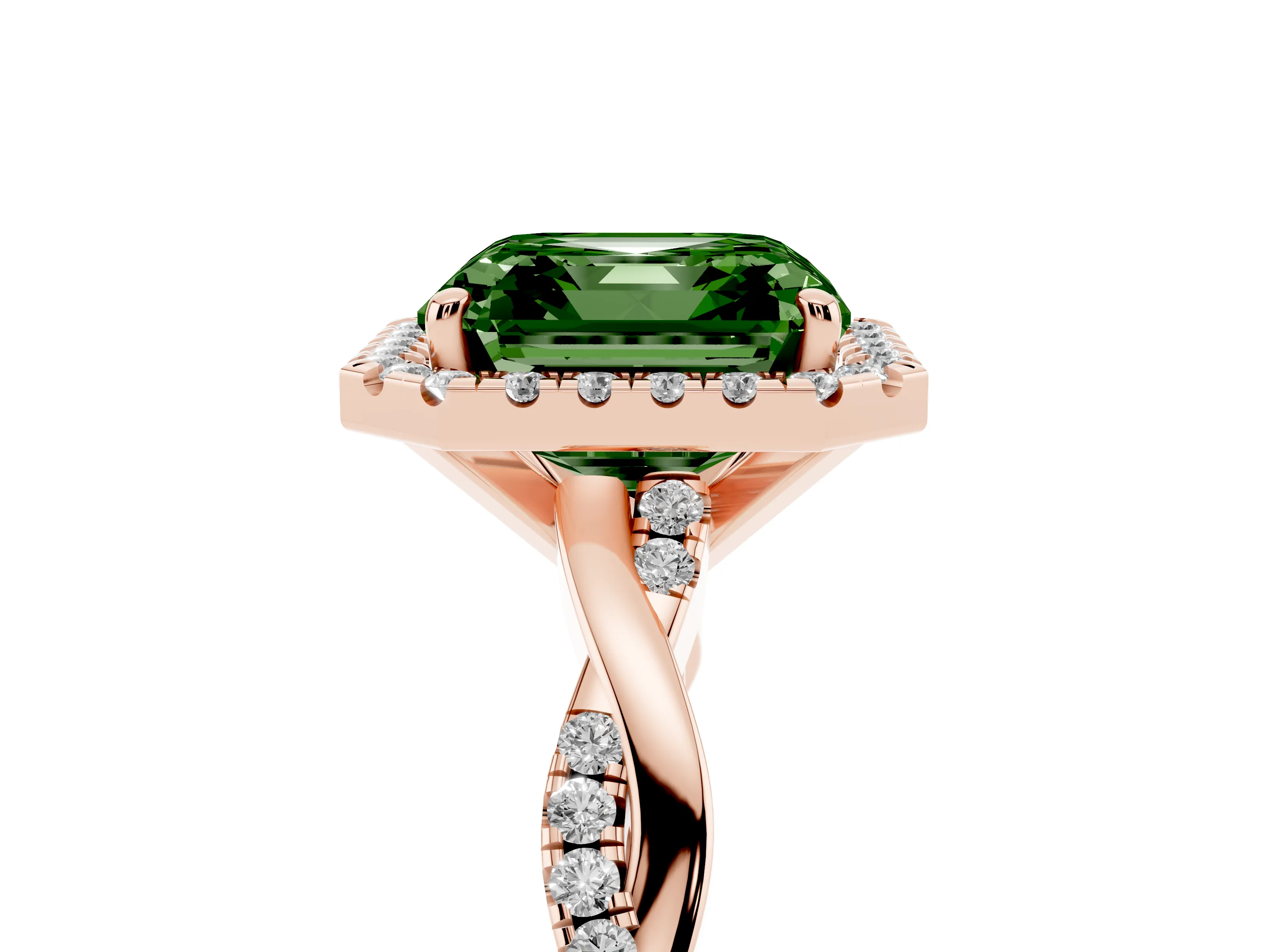 Fancy Green Asscher Cut Diamond Halo Twisted Band Ring Set in Rose gold with Prong Setting