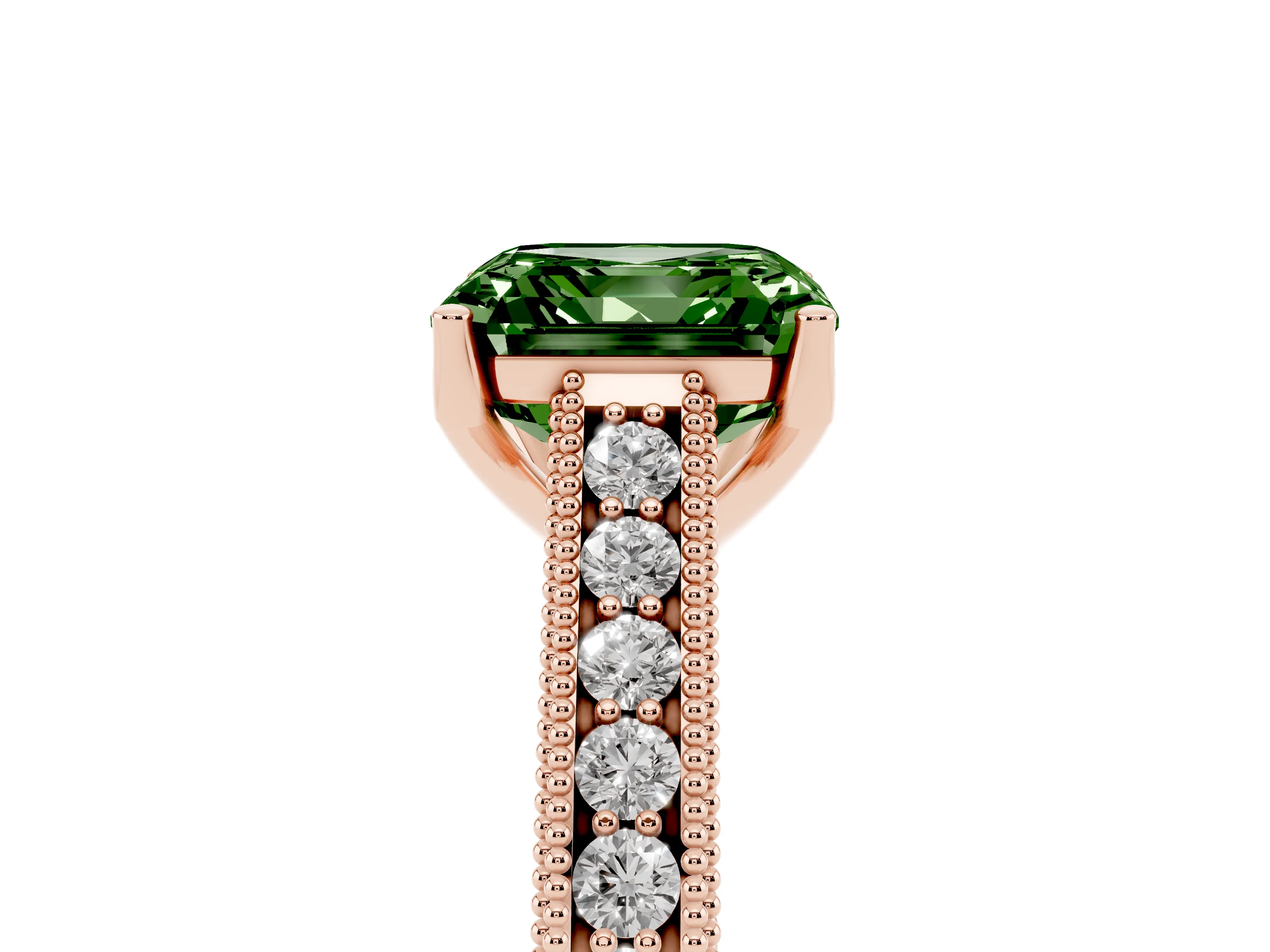 Fancy Green Asscher Cut Diamond Milgrain Pavé Band Solitaire Ring Set in Rose gold with Prong Setting