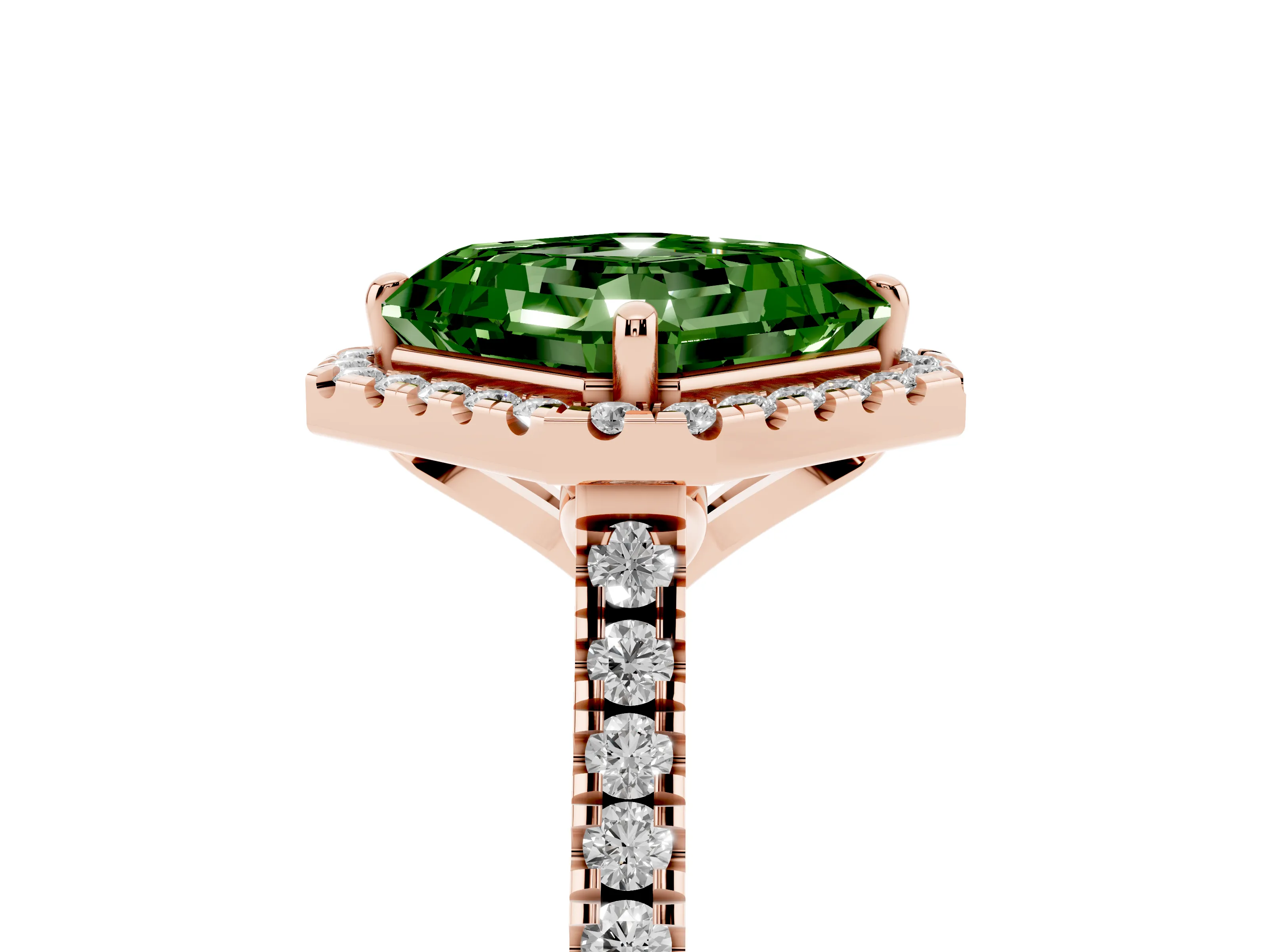 Fancy Green Asscher Cut Diamond Cushion Halo Ring Set in Rose gold with Pavé Band