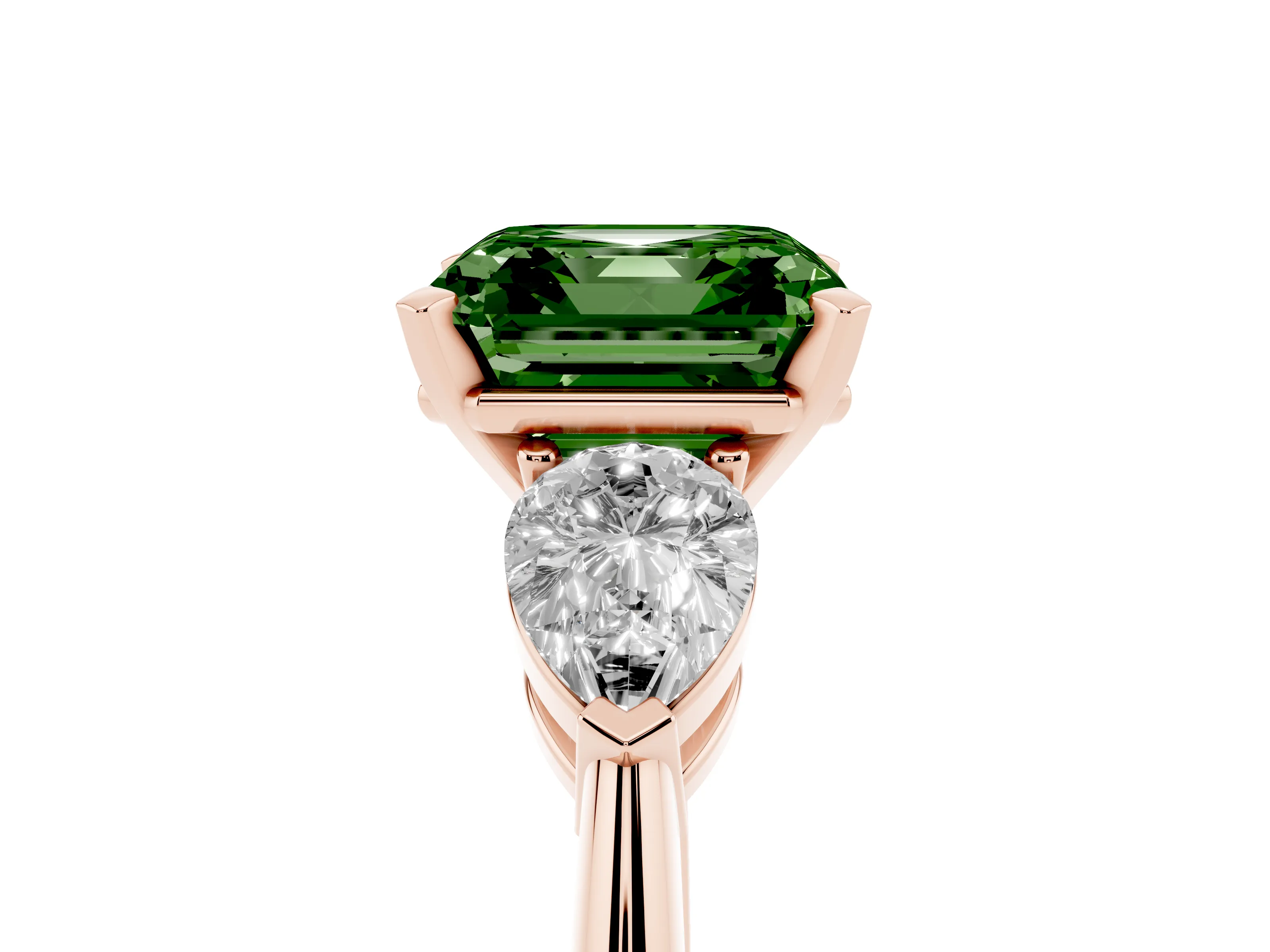 Fancy Green Three-Stone Asscher Cut Diamond Ring Set in Rose gold with Pear Side Stones and Prong Setting