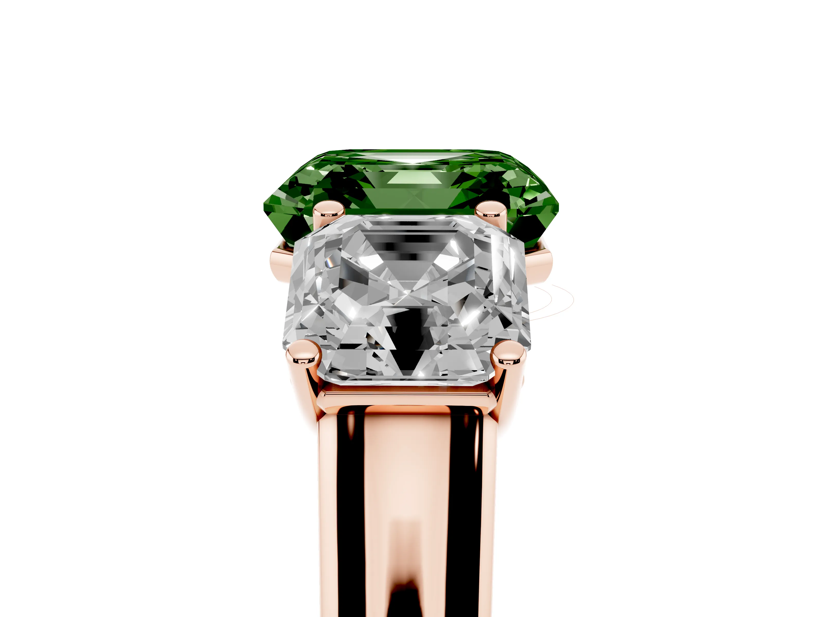 Fancy Green Asscher Cut Diamond Three-Stone Ring Set in Rose gold with Plain Polished Band