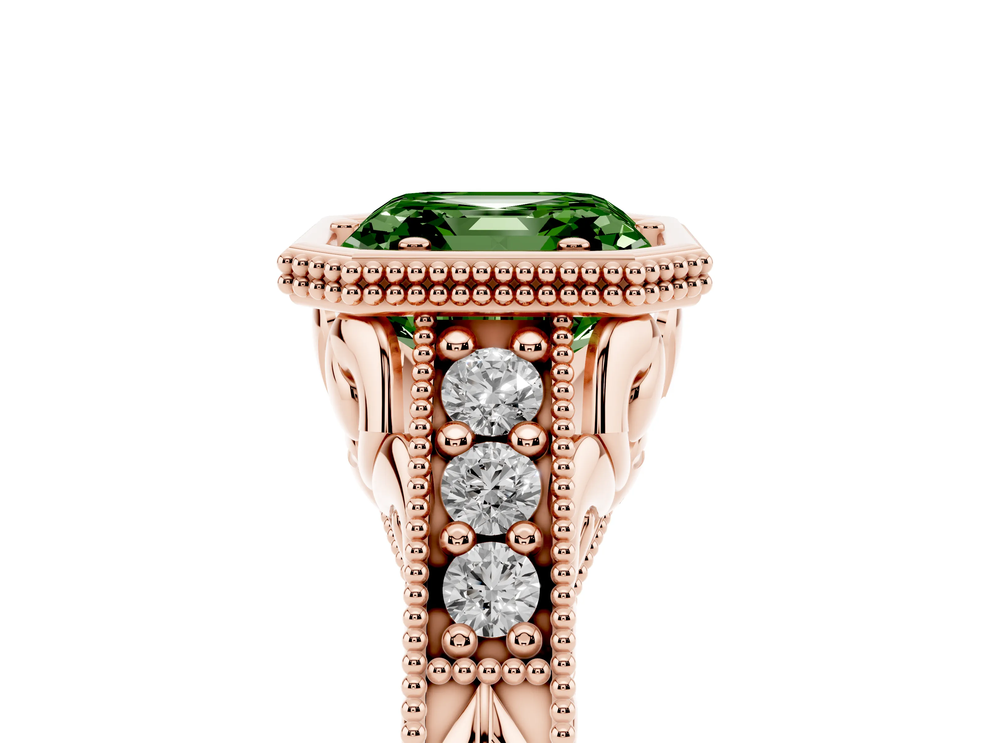 Fancy Green Bezel Set Asscher Cut Diamond Milgrain Pavé Engagement Ring Set in Rose gold