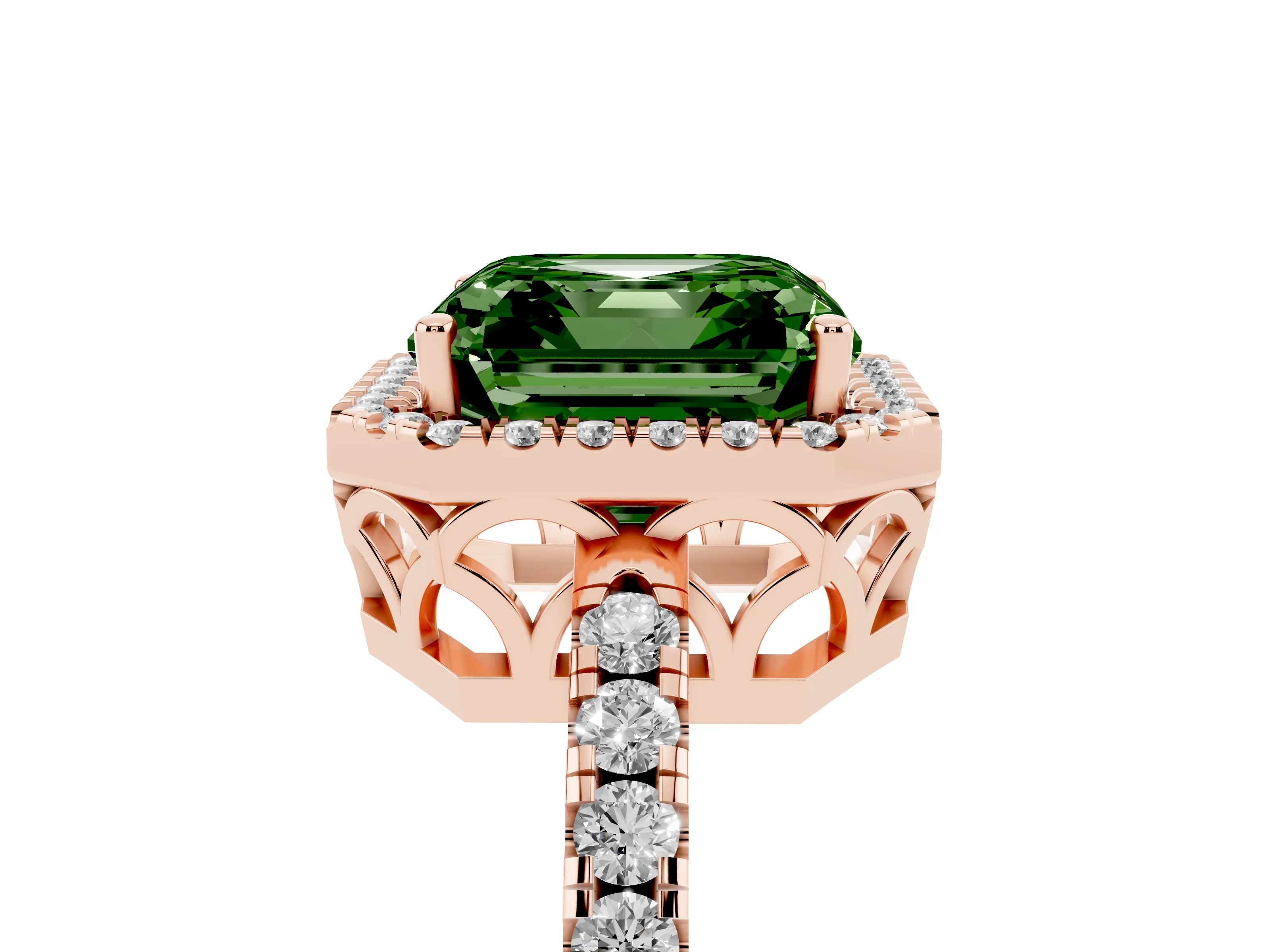 Fancy Green Asscher Cut Diamond Pavé Band Halo Engagement Ring Set in Rose gold with Prong Setting