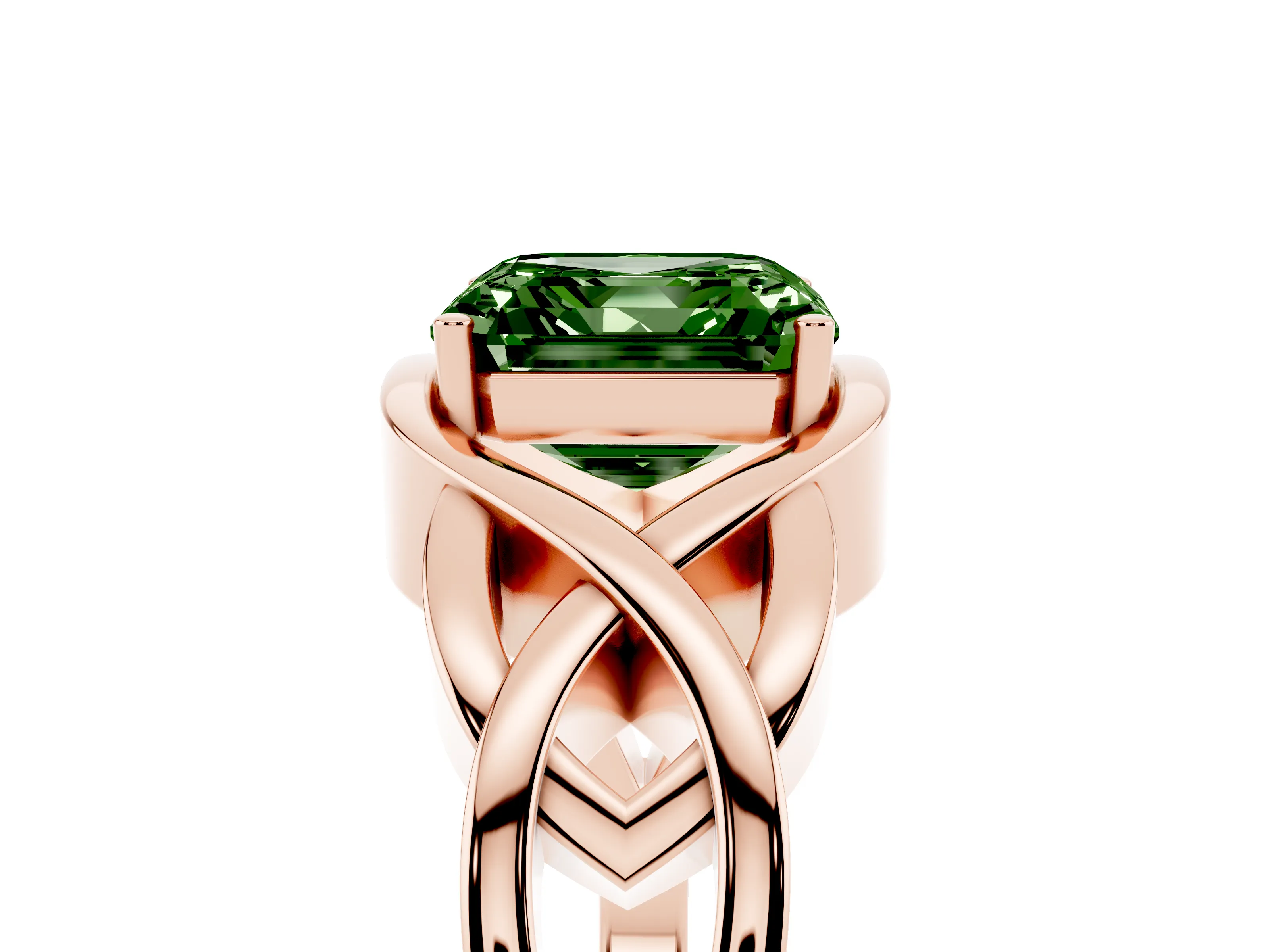 Fancy Green Asscher Cut Diamond Solitaire Ring Set in Rose gold with Intertwined Band