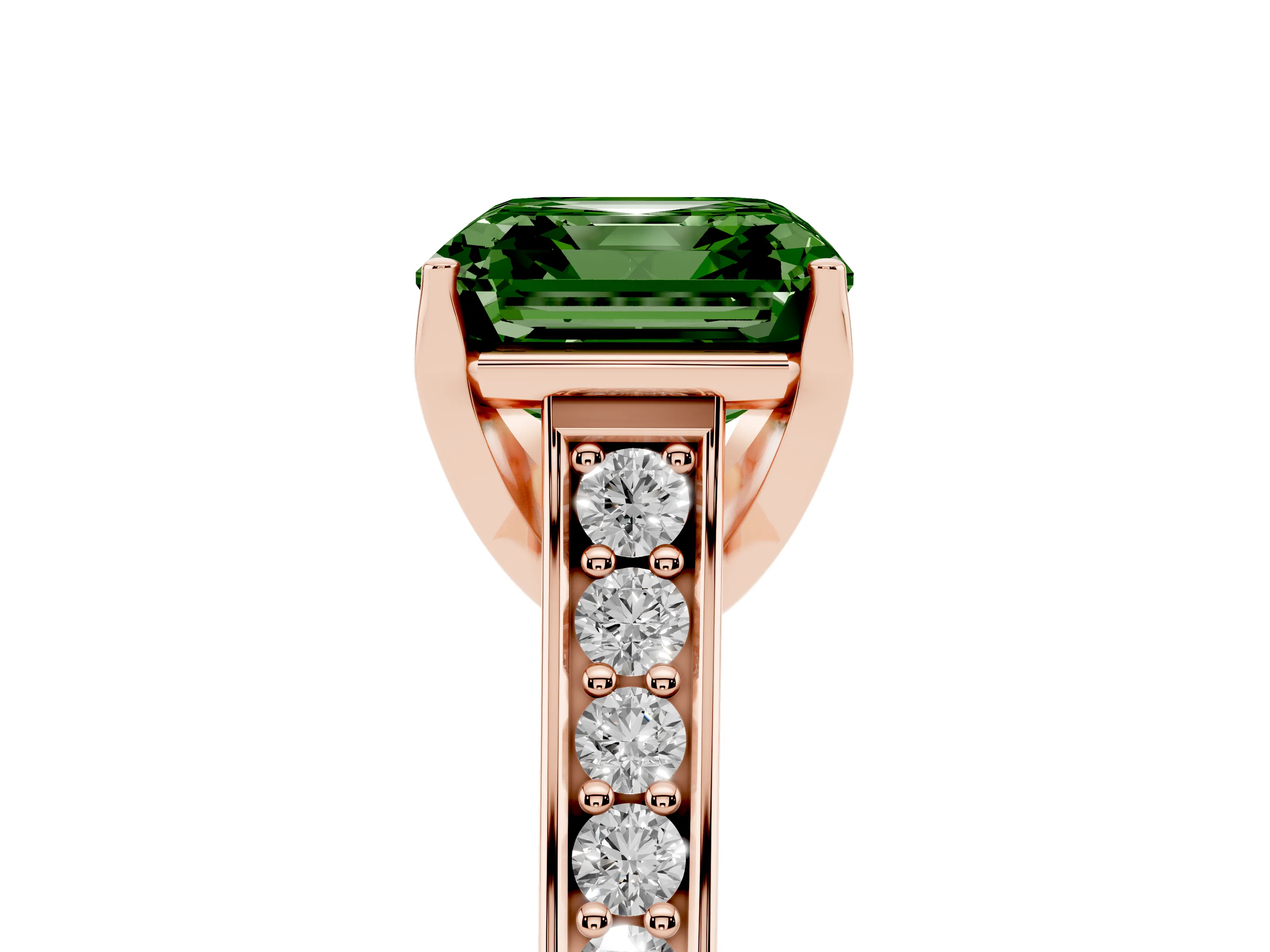 Fancy Green Asscher Cut Diamond Solitaire Pavé Engagement Ring Set in Rose gold with Prong Setting