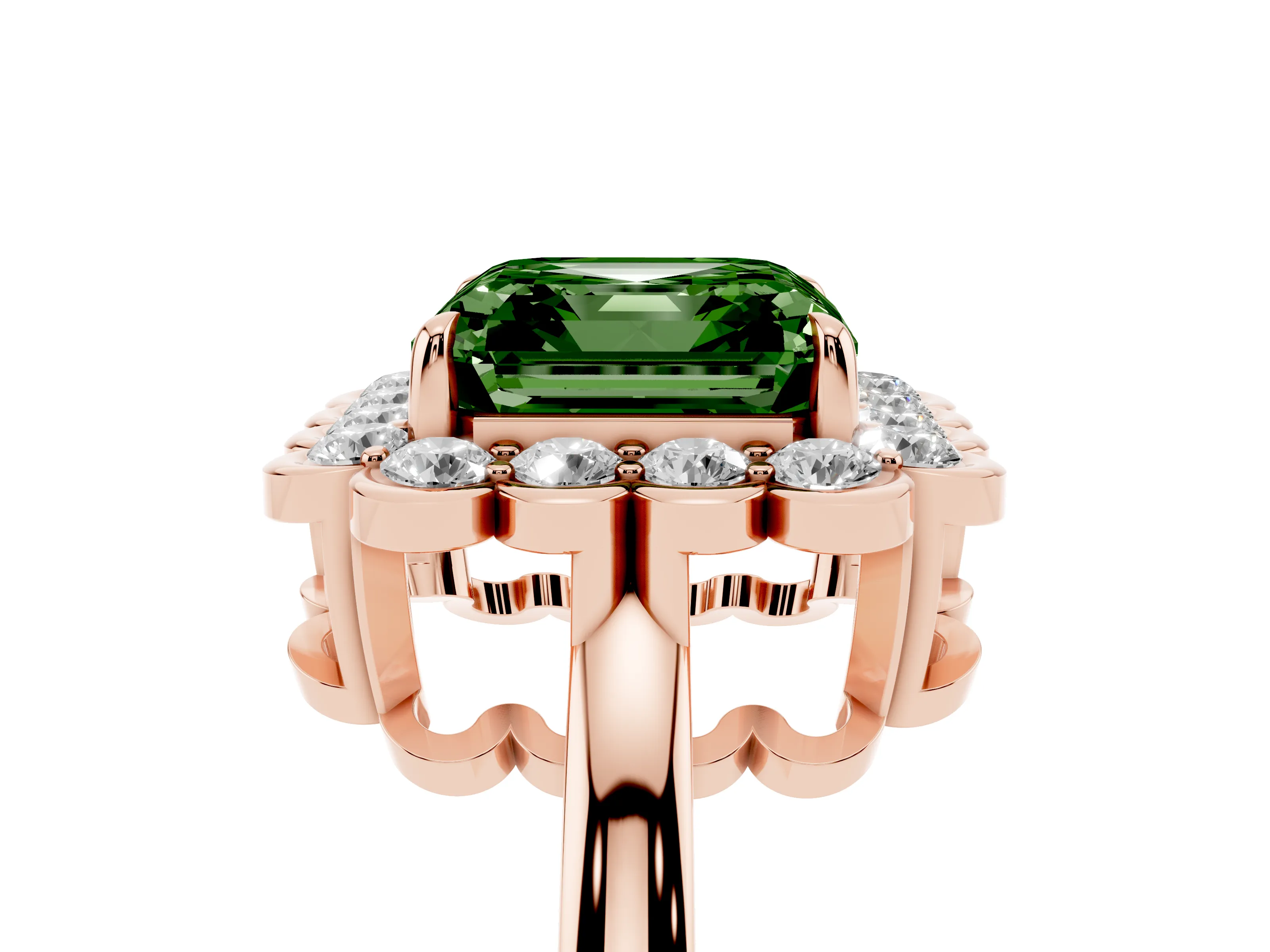 Fancy Green Asscher Cut Diamond Halo Cluster Engagement Ring Set in Rose gold with Solitaire Band and Prong Setting