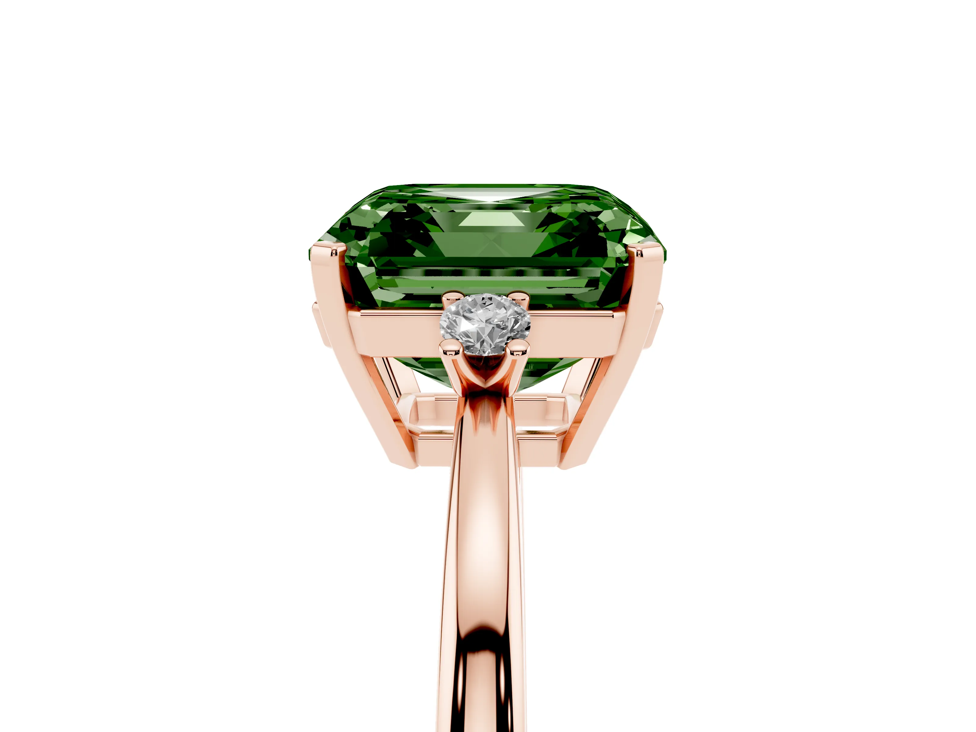 Fancy Green Three-Stone Asscher Cut Diamond Solitaire Ring Set in Rose gold with Round Accent Stones and Prong Setting