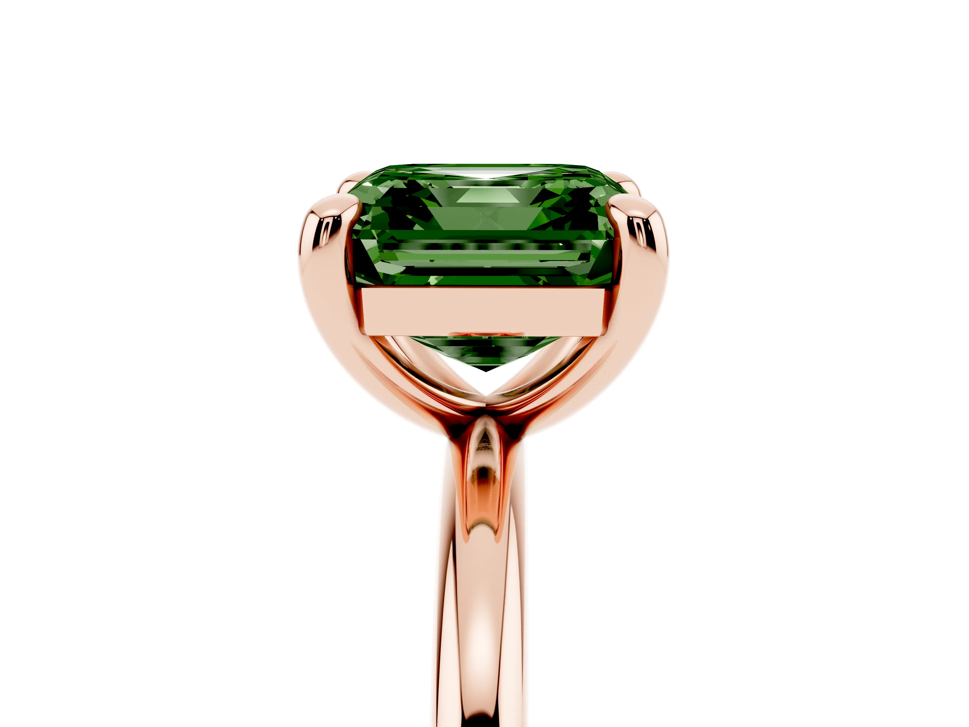 Fancy Green Asscher Cut Diamond Solitaire Ring Set in Rose gold with Prong Setting on a Polished Plain Band