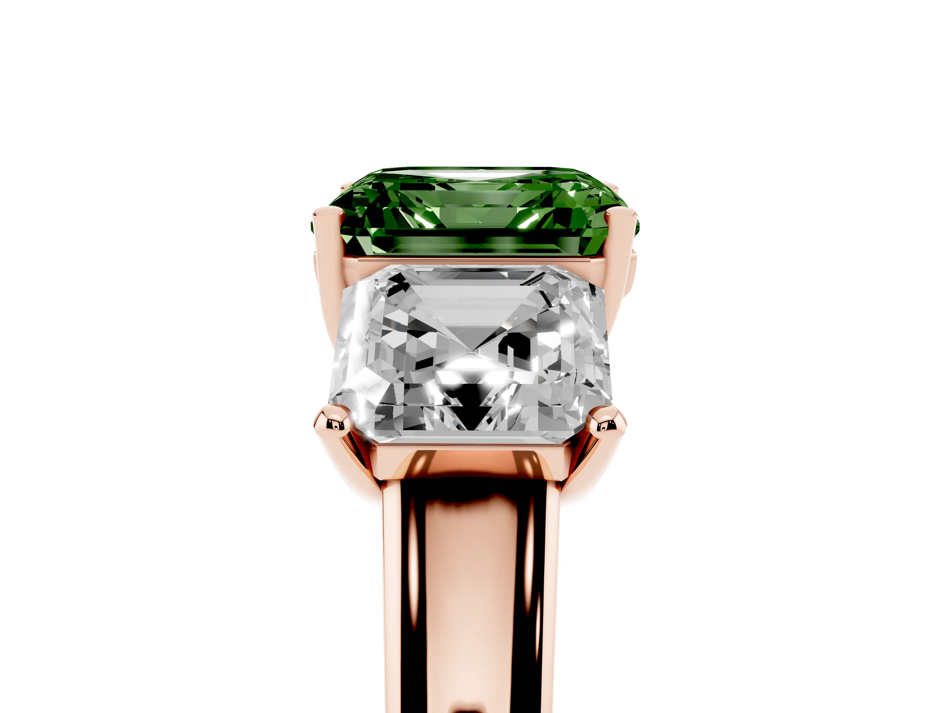 Fancy Green Asscher Cut Diamond Three-Stone Ring Set in Rose gold with Classic Prong Setting and Plain Band