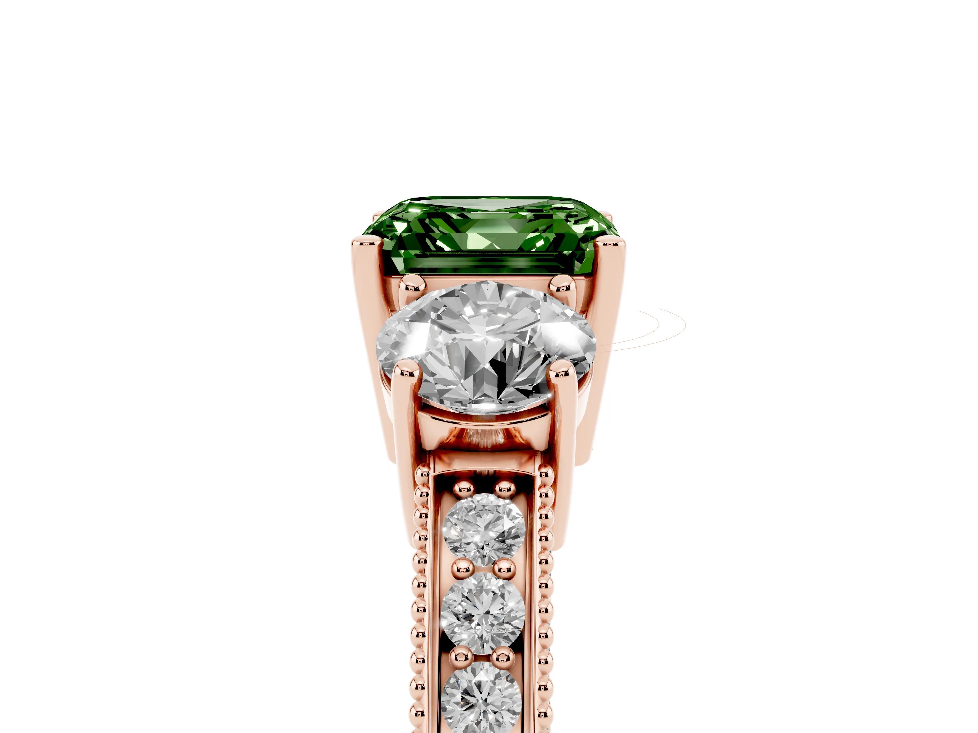 Fancy Green Asscher Cut Diamond Three-Stone Ring Set in Rose gold with Round Side Stones and Pavé Band