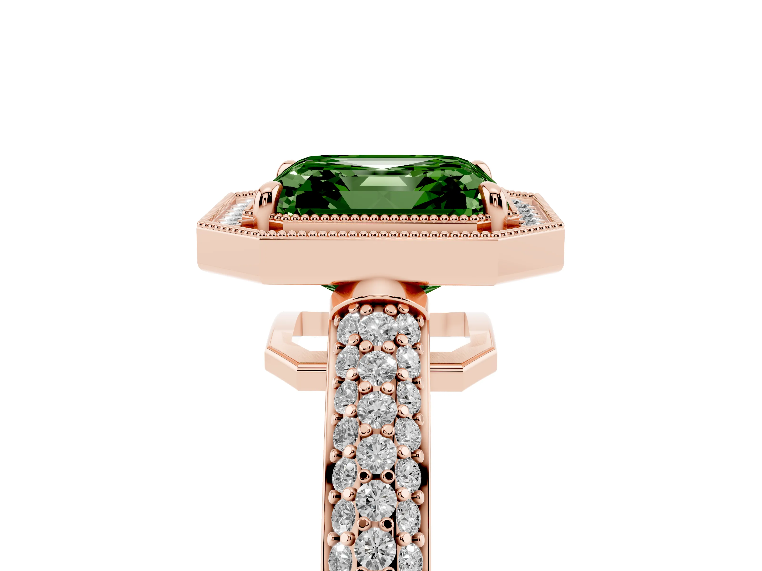 Fancy Green Asscher Cut Diamond Halo Pavé Band Set in Rose gold with Prong Setting