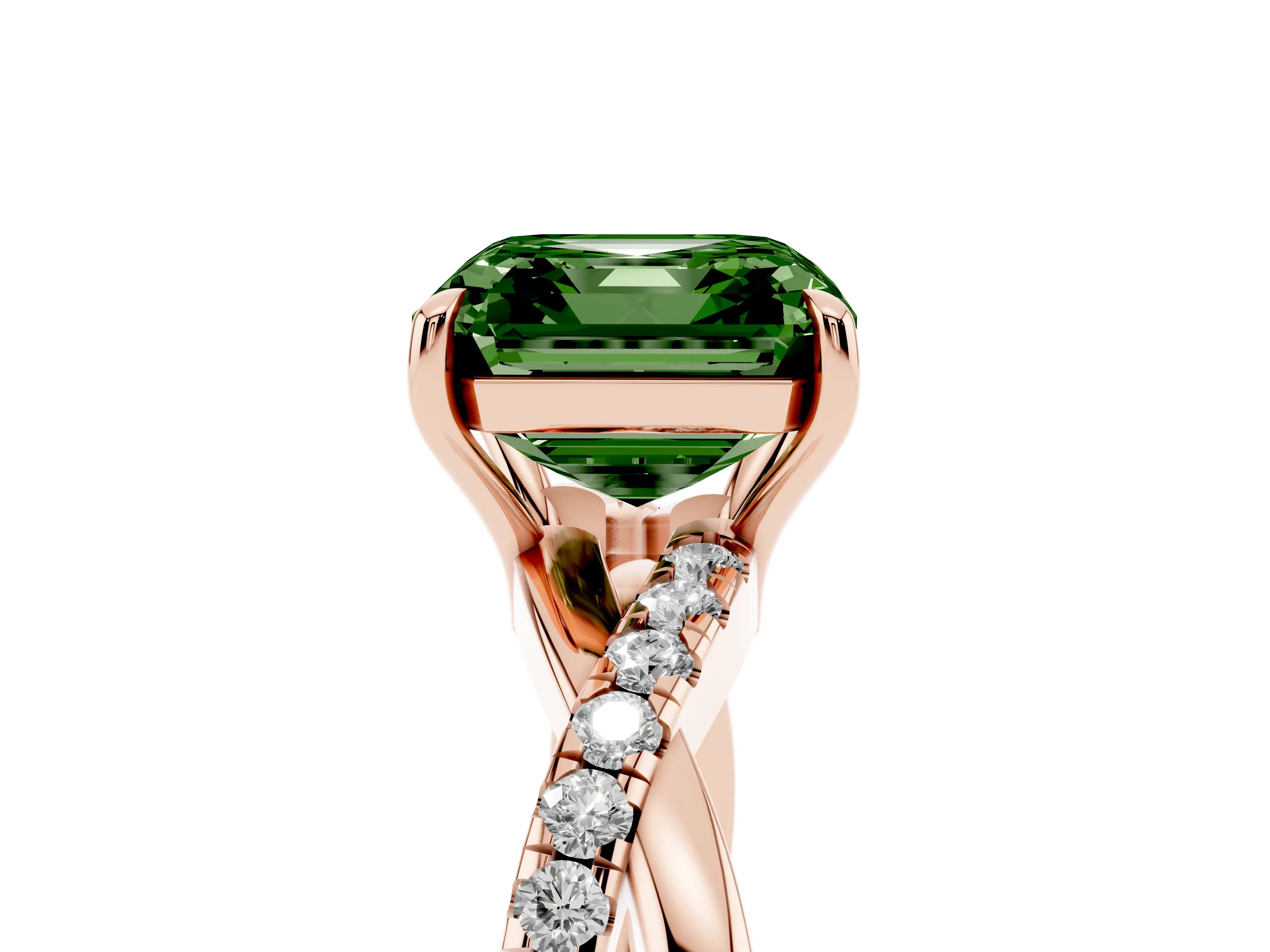 Fancy Green Asscher Cut Diamond Twisted Pavé Band Ring Set in Rose gold with Prong Setting