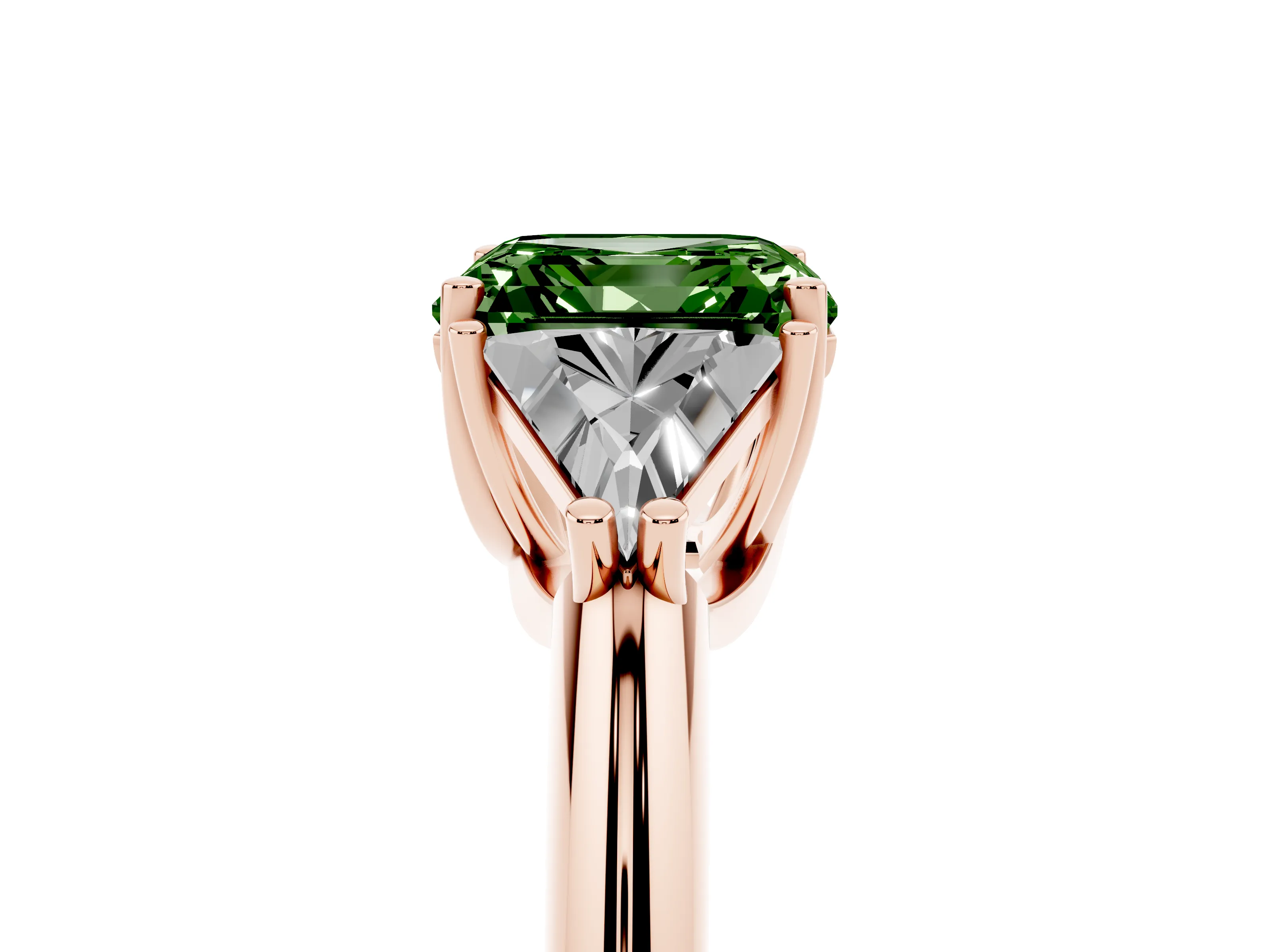 Fancy Green Asscher Cut Diamond Three-Stone Engagement Ring Set in Rose gold with Trillion Side Stones