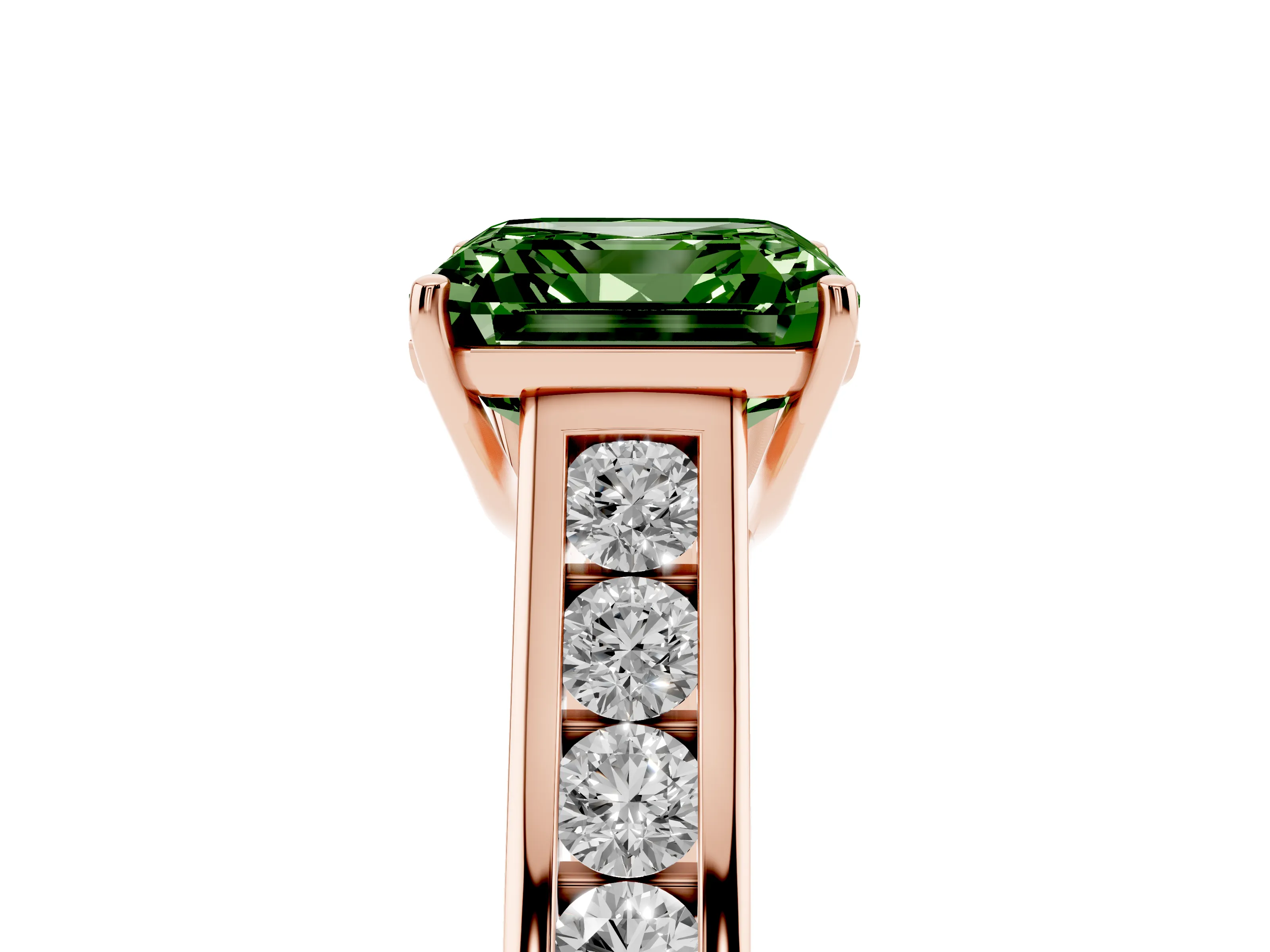 Fancy Green Asscher Cut Diamond Brilliant Channel-Set Solitaire Ring Set in Rose gold with Prong Setting