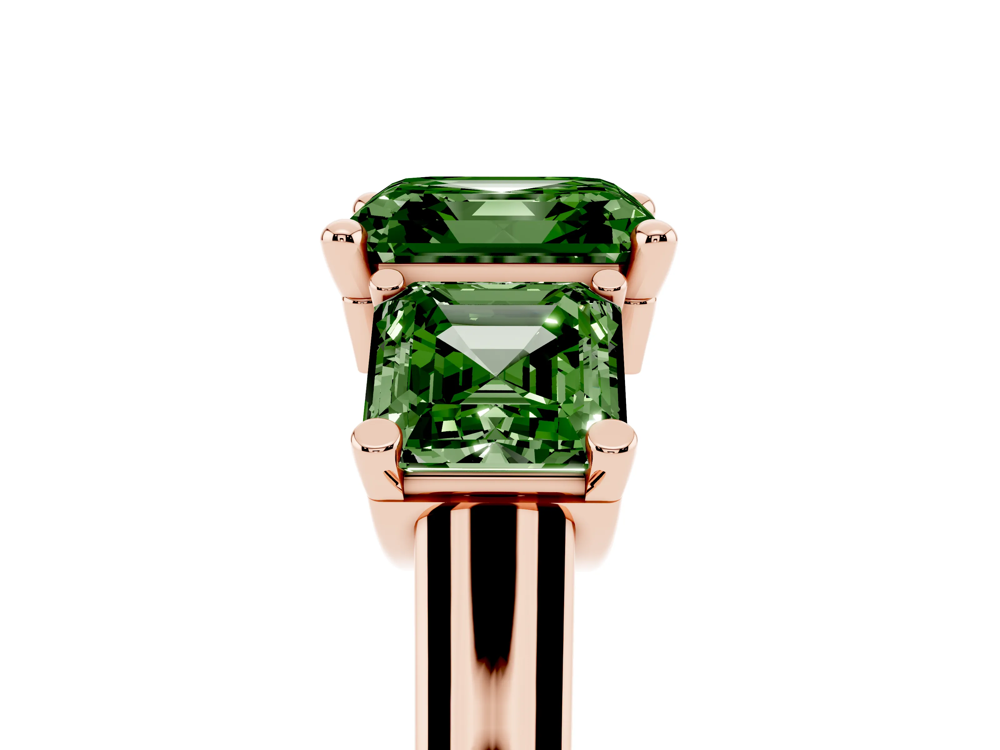 Fancy Green Asscher Cut Diamond Three-Stone Trellis Ring Set in Rose gold with Comfort Fit Band