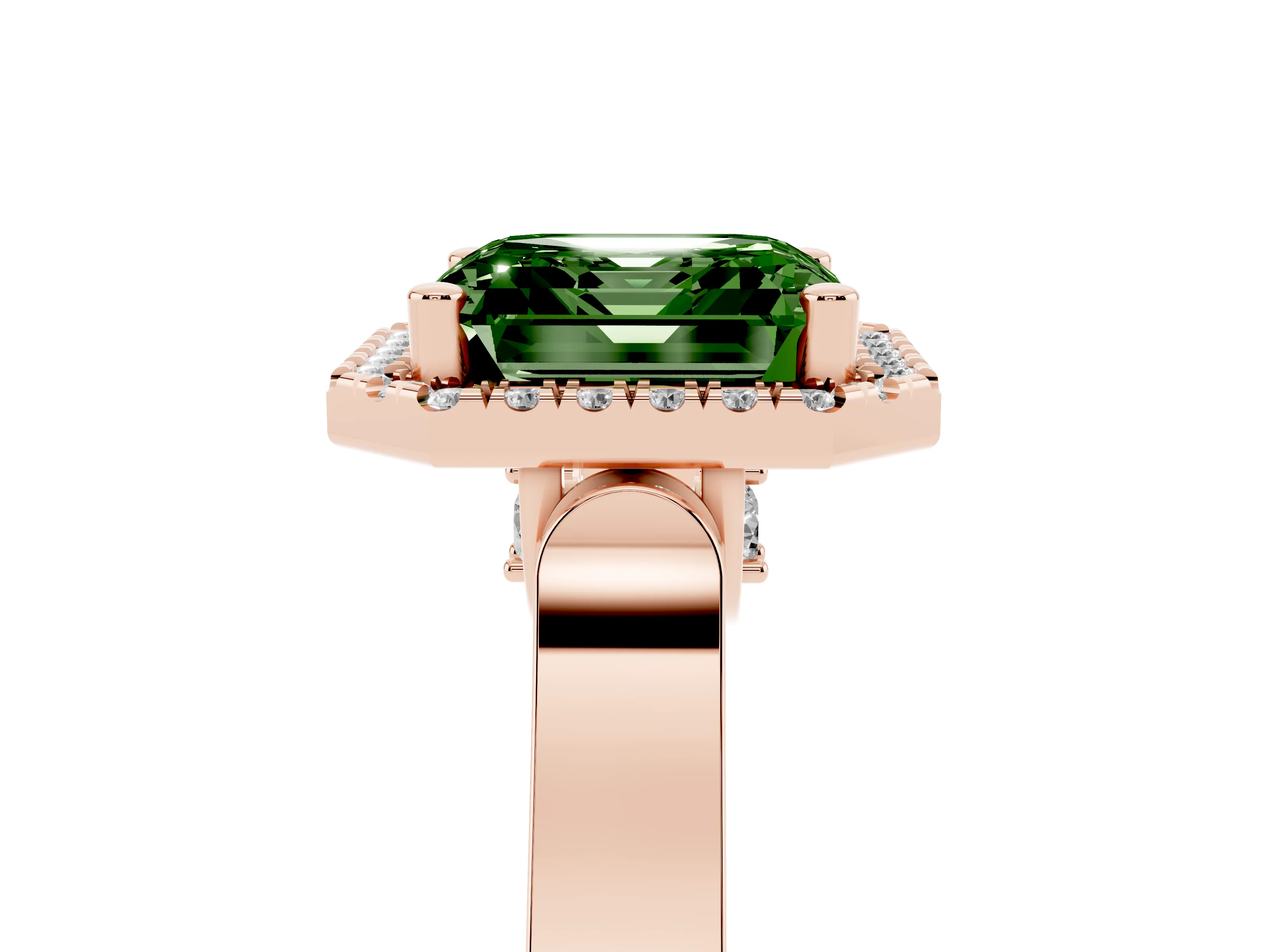 Fancy Green Asscher Cut Diamond Halo Ring Set in Rose gold with Pavé-Lined Split Shank Band