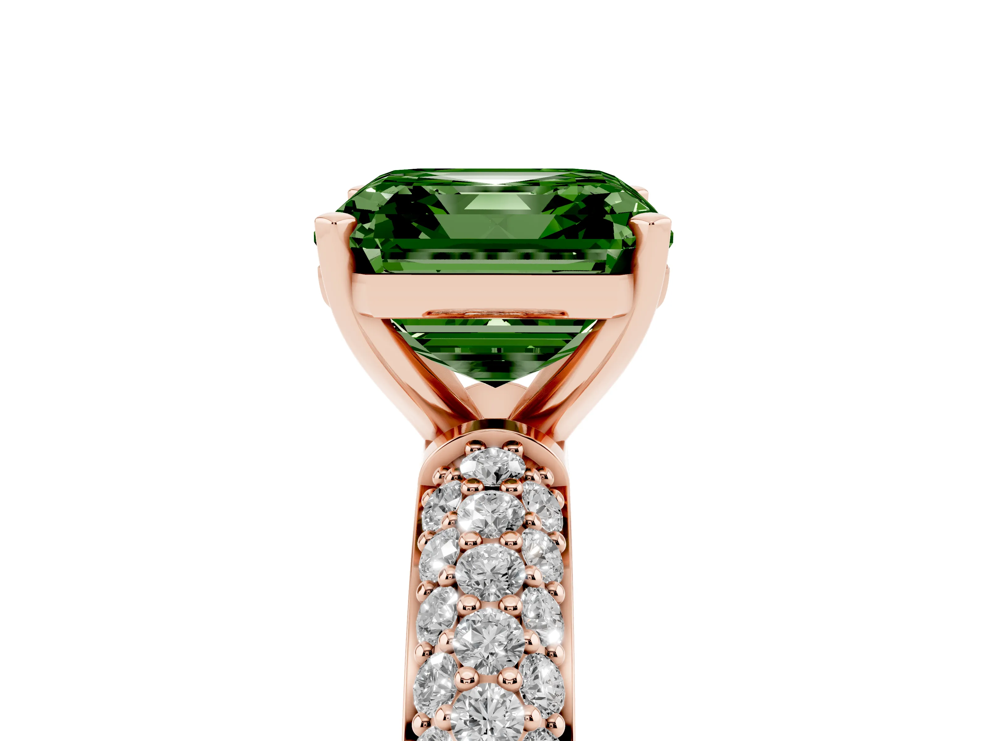 Fancy Green Asscher Cut Diamond Solitaire Ring Set in Rose gold with Prong Setting and Pavé-Set Band