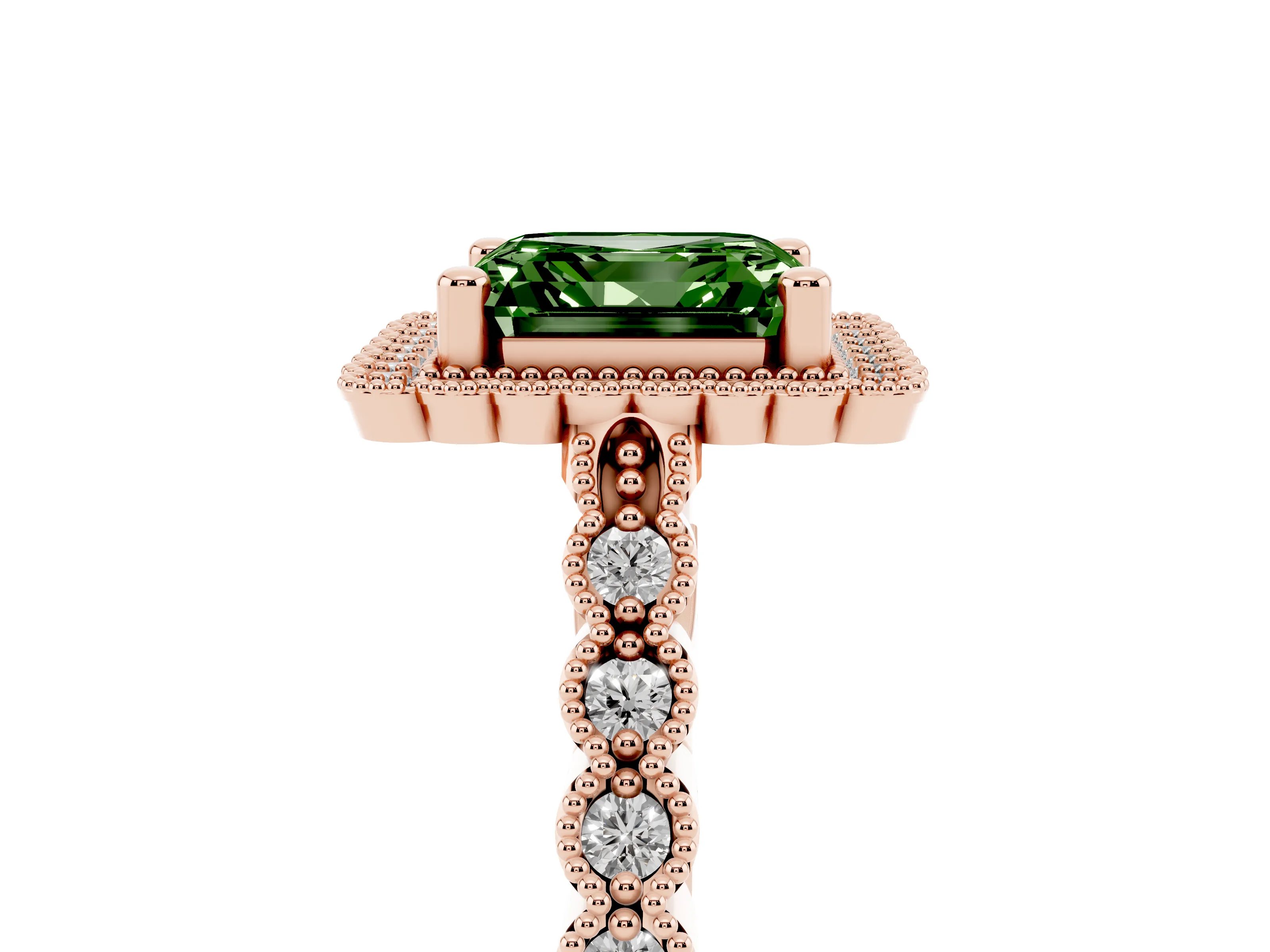 Fancy Green Asscher Cut Diamond Halo Ring Set in Rose gold with Pavé Milgrain Band