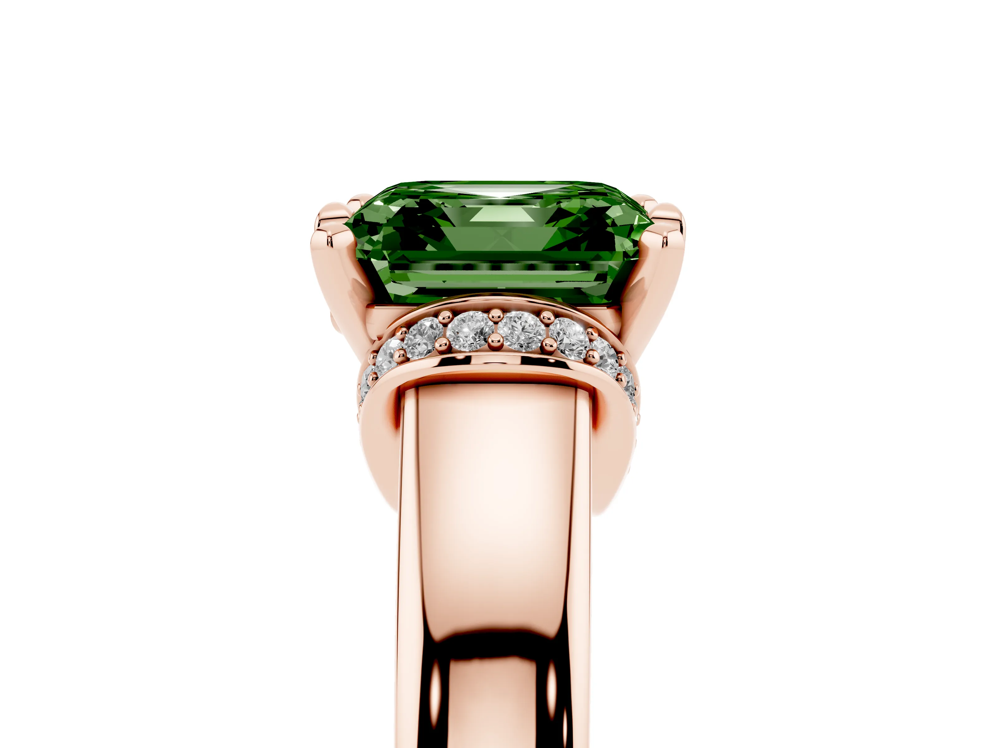 Fancy Green Asscher Cut Diamond Pavé Band Solitaire Ring Set in Rose gold with Prong Setting