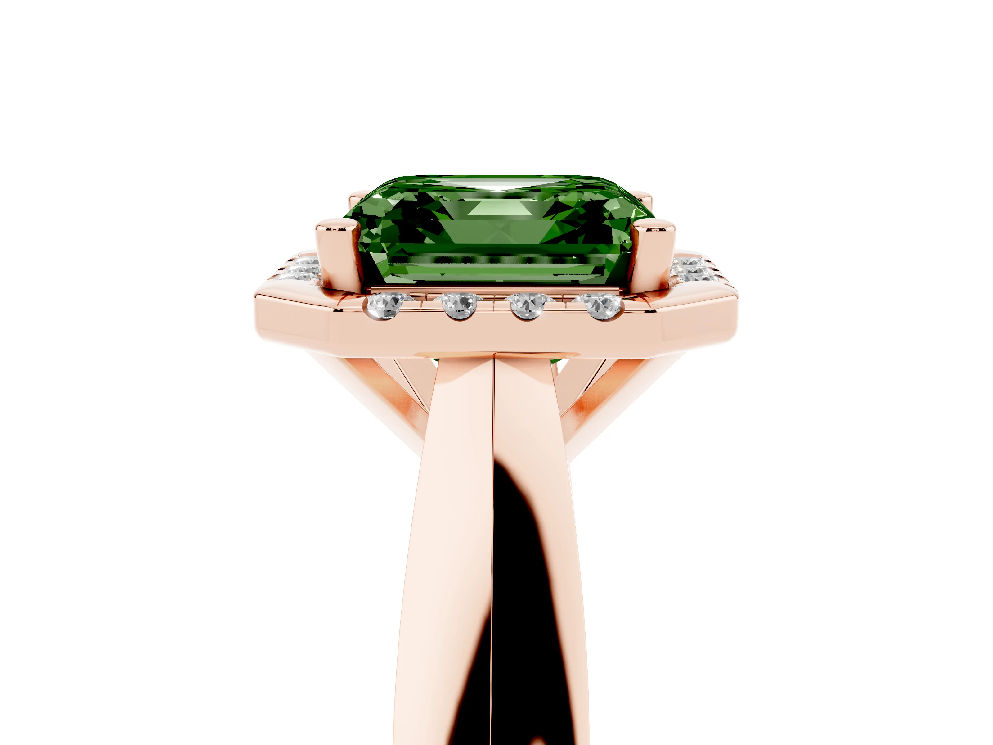 Fancy Green Asscher Cut Diamond Halo Solitaire Engagement Ring Set in Rose gold with Square Band and Prong Setting