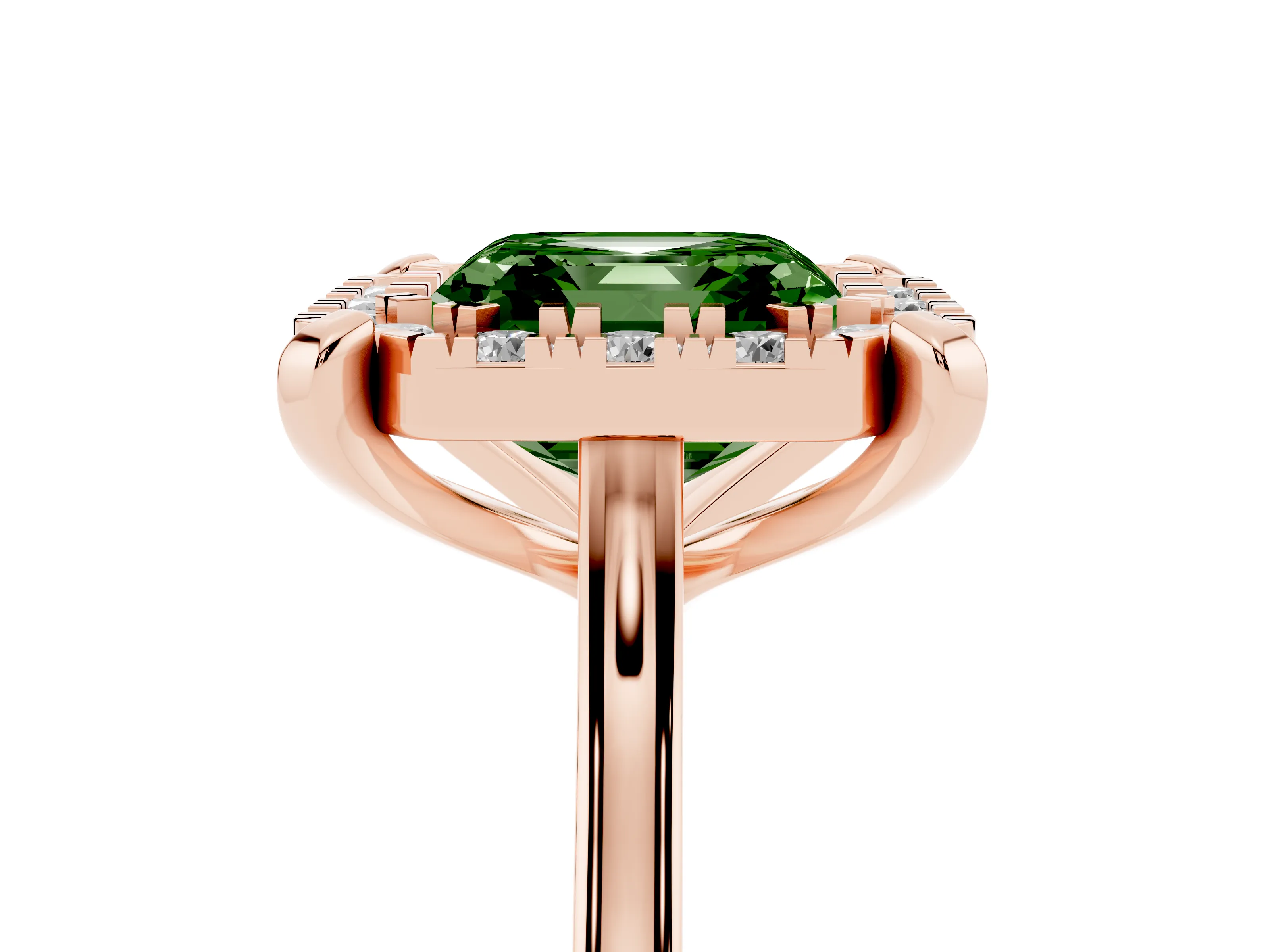 Fancy Green Asscher Cut Diamond Cluster Halo Solitaire Ring Set in Rose gold with Prong Setting