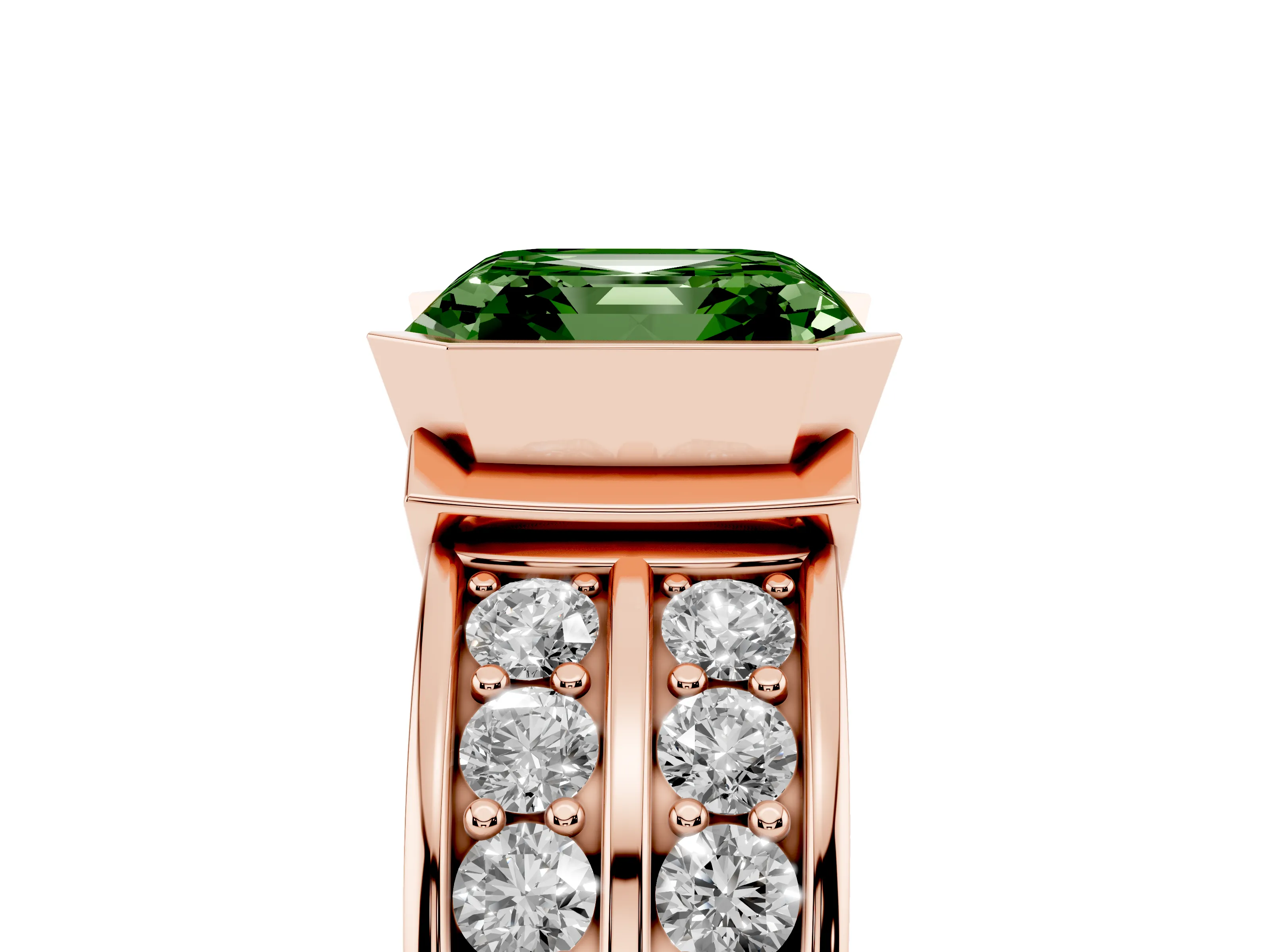 Fancy Green Asscher Cut Diamond Wide Channel Set Band Ring Set in Rose gold with Bezel Setting