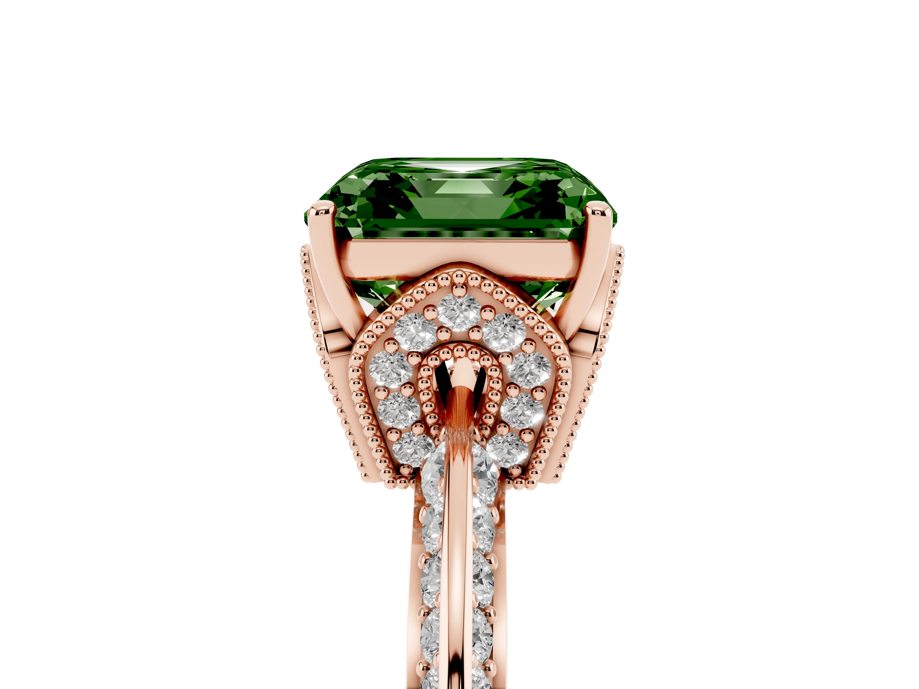 Fancy Green Asscher Cut Diamond Solitaire Engagement Ring Set in Rose gold with Pavé Split Shank and Prong Setting