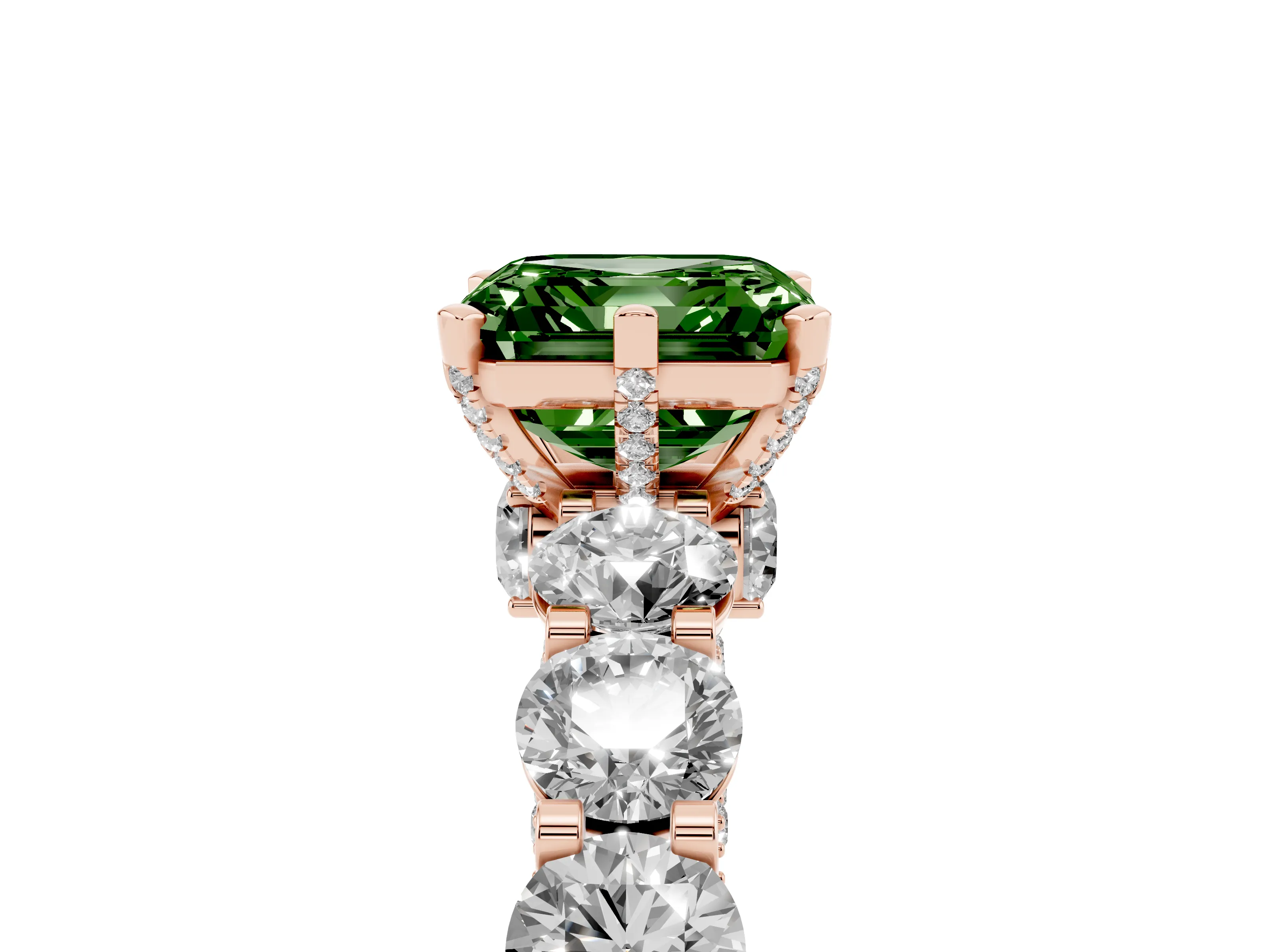 Fancy Green Asscher Cut Diamond Side Stone Ring Set in Rose gold with Alternating Round and Oval Side Stones