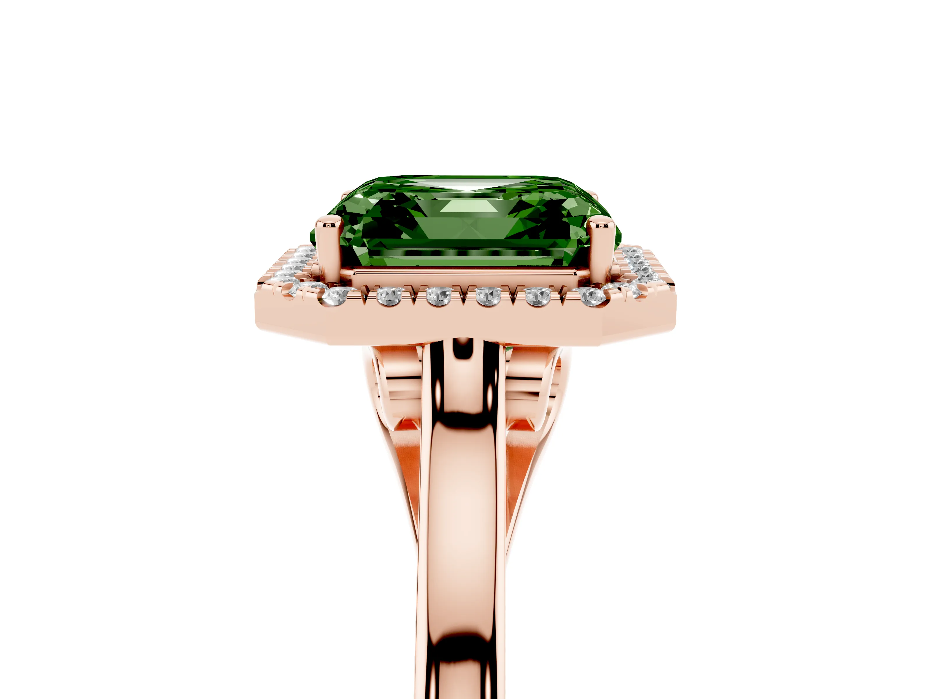 Fancy Green Asscher Cut Halo Round Diamond Solitaire Ring Set in Rose gold with Pavé Band and Prong Setting