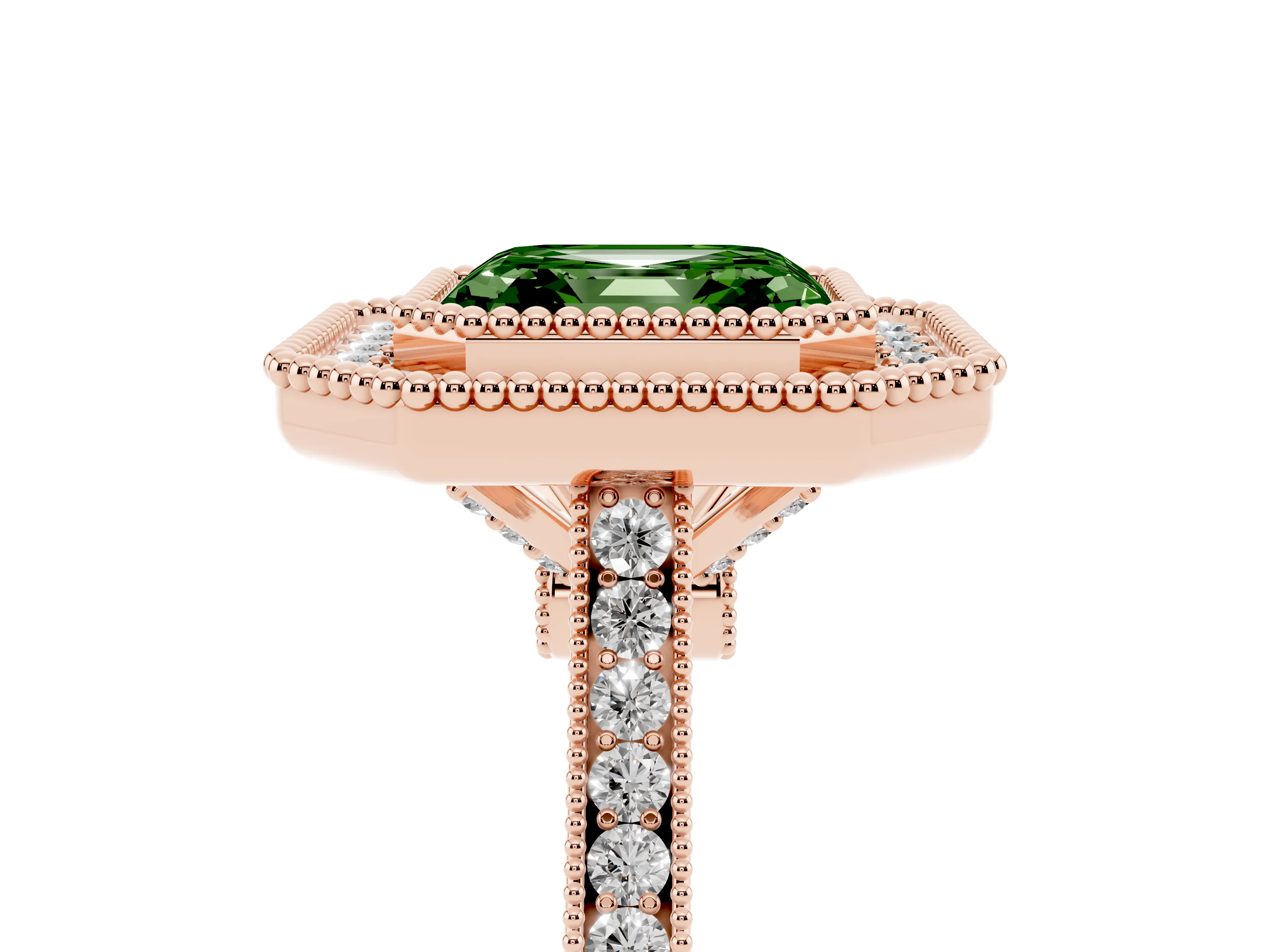 Fancy Green Asscher Cut Diamond Halo Ring Set in Rose gold with Milgrain Frame and Pavé Band