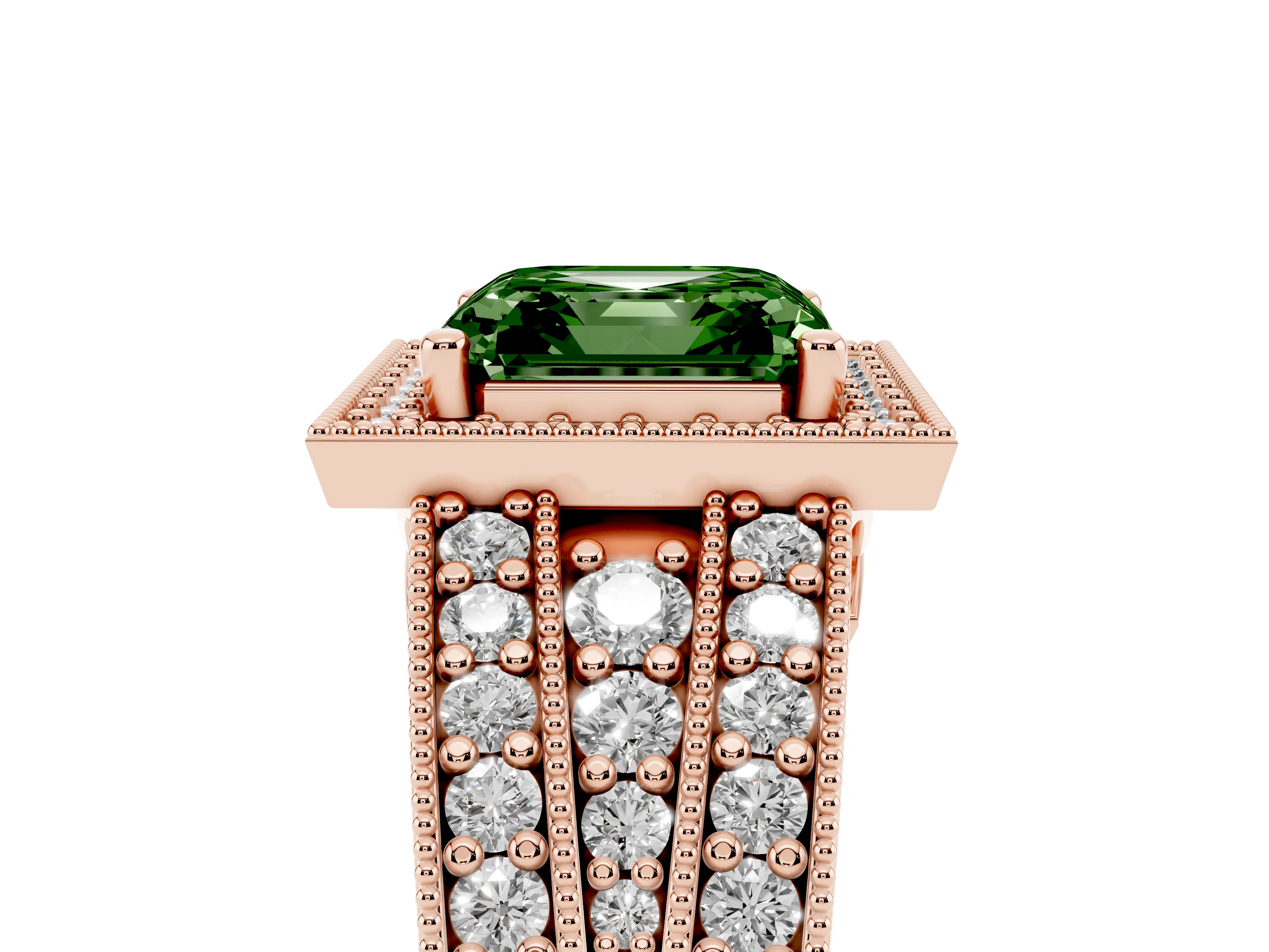 Fancy Green Asscher Cut Diamond Halo Ring Set in Rose gold with Accent Split Shank and Prong Setting