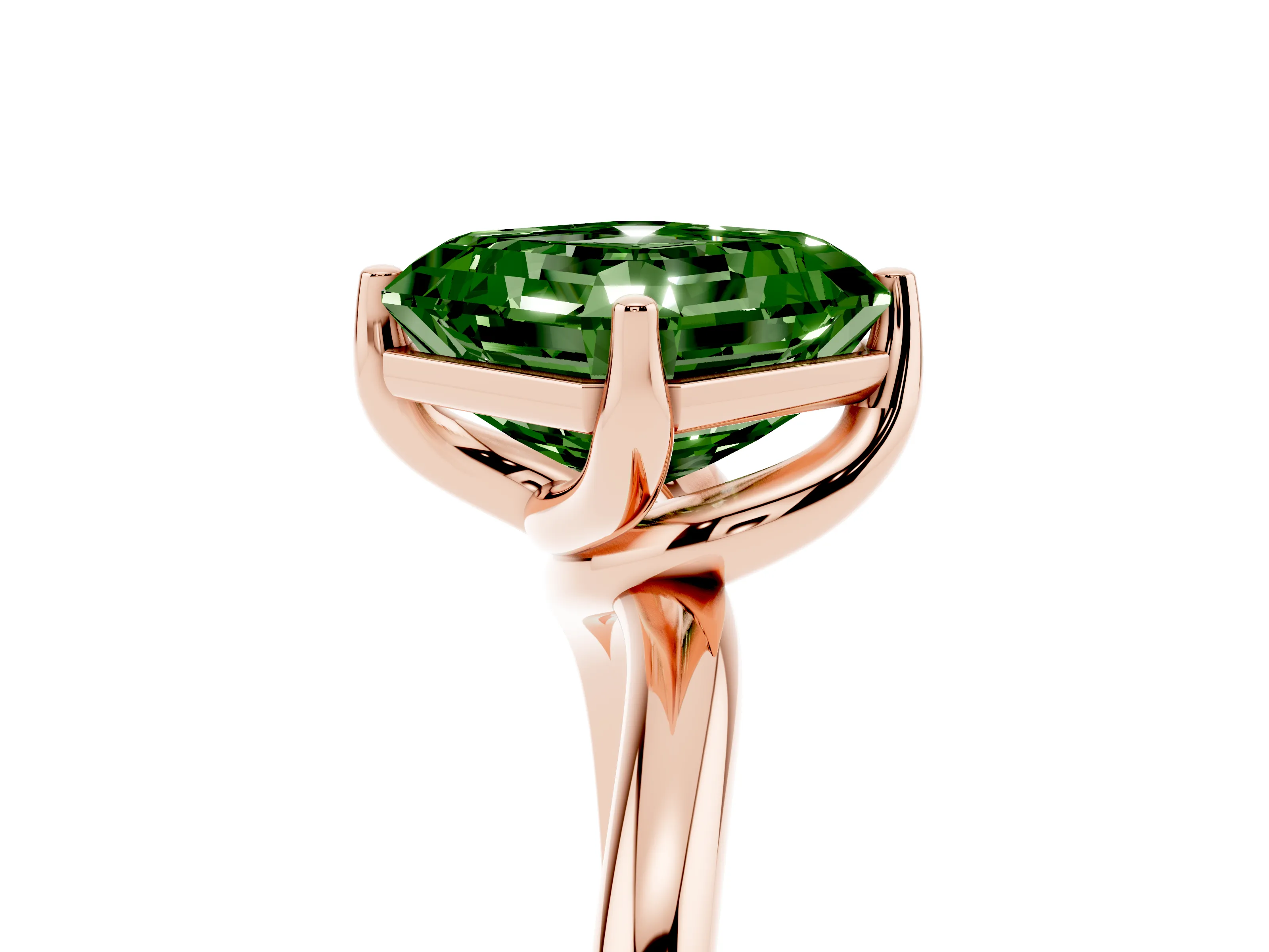 Fancy Green Asscher Cut Diamond Solitaire Engagement Ring Set in Rose gold with Classic Plain Band