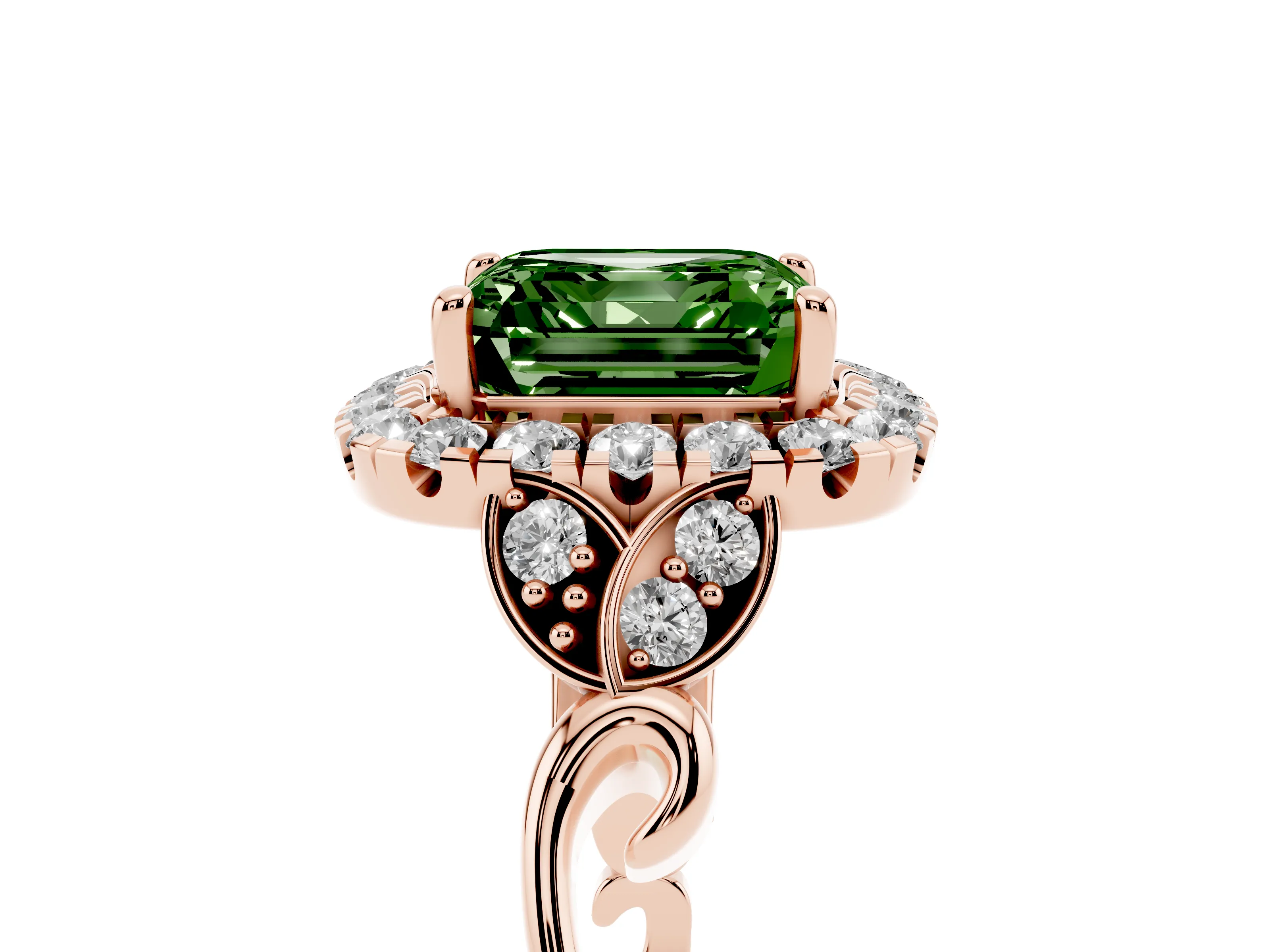 Fancy Green Asscher Cut Diamond Halo Engagement Ring Set in Rose gold with Vintage-Inspired Band and Prong Setting