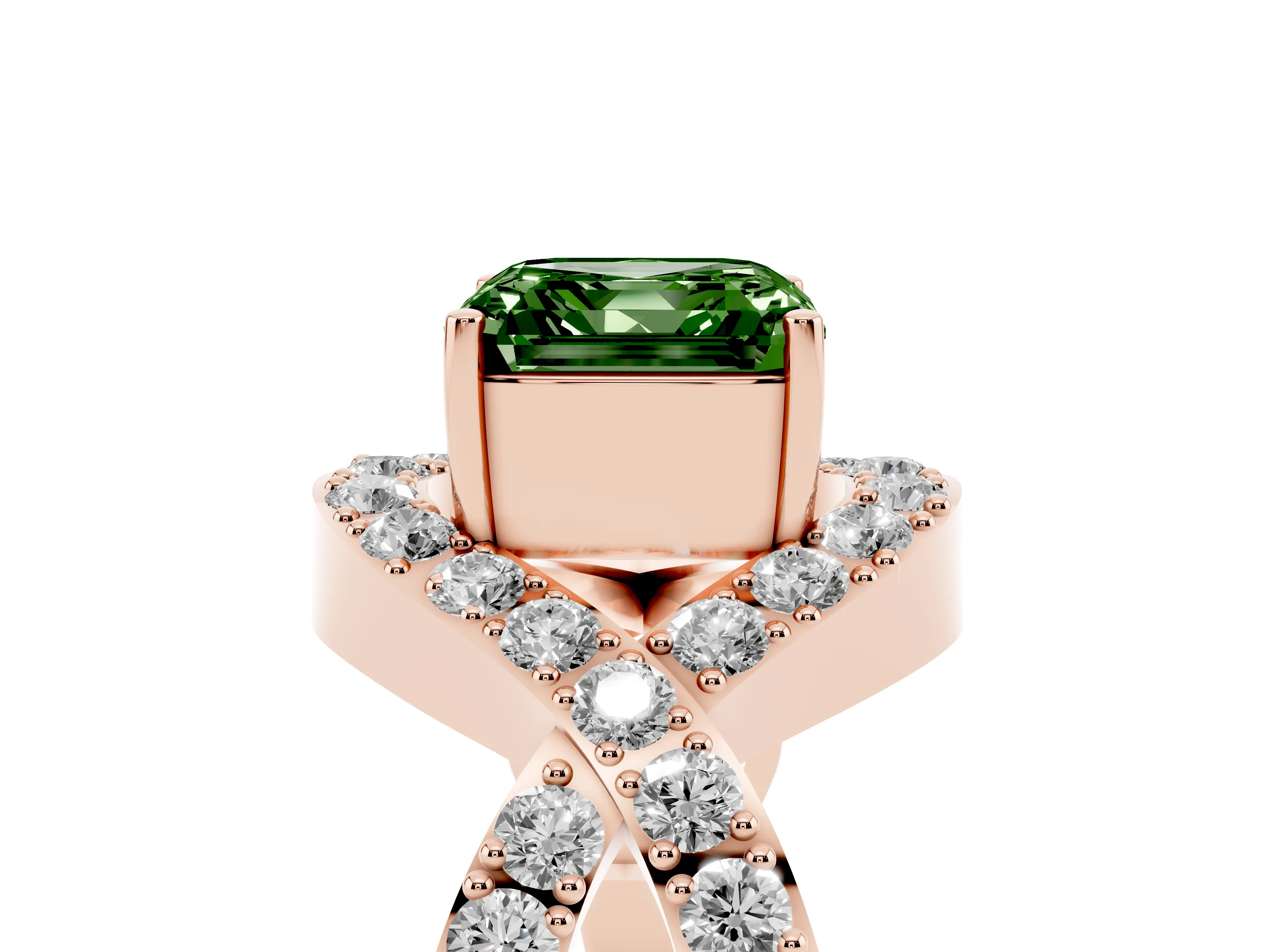 Fancy Green Asscher Cut Diamond Solitaire Twist Band Pavé Engagement Ring Set in Rose gold