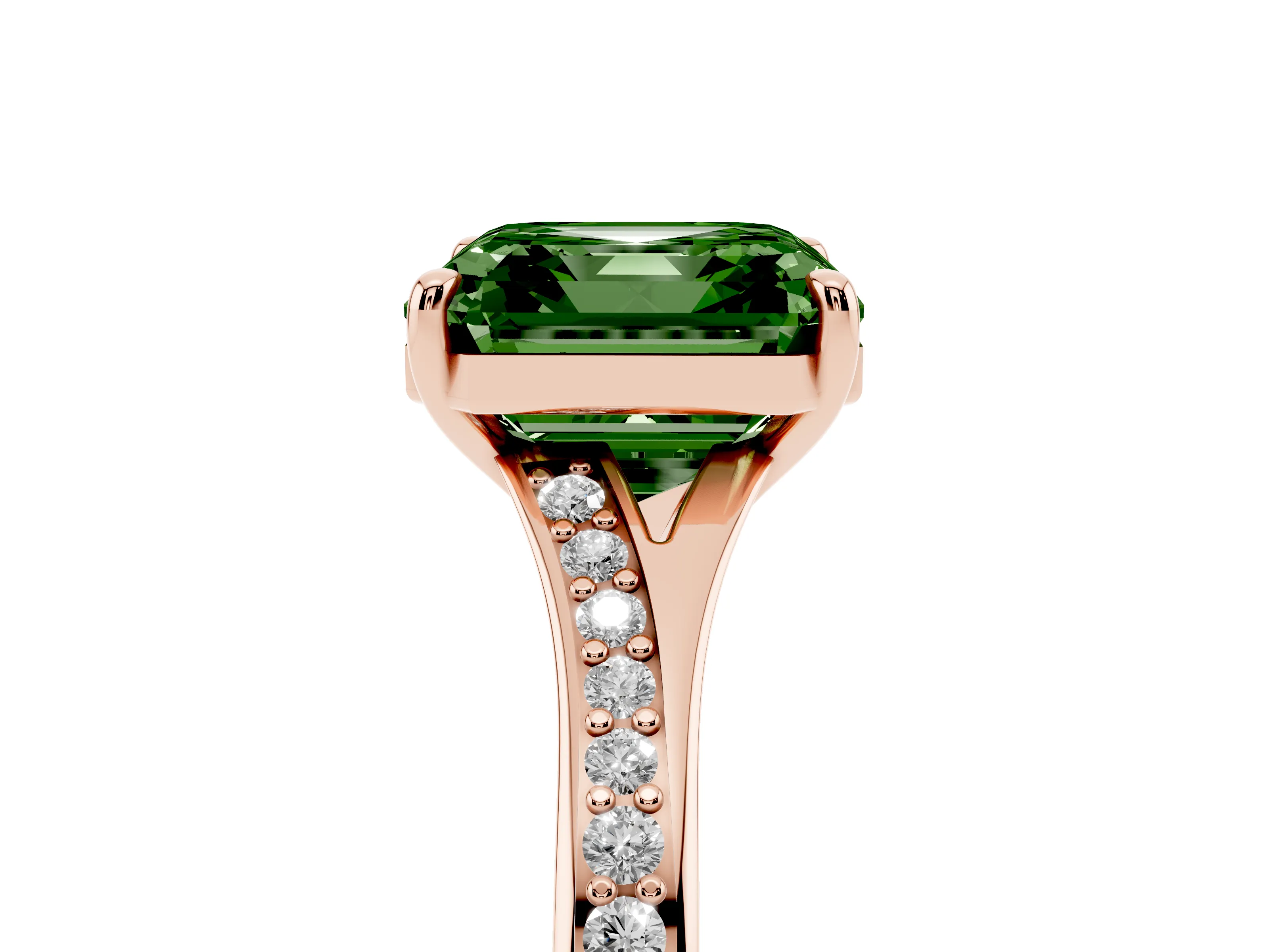 Fancy Green Asscher Cut Diamond Solitaire Ring Set in Rose gold with Pavé Accent Band and Classic Prong Setting
