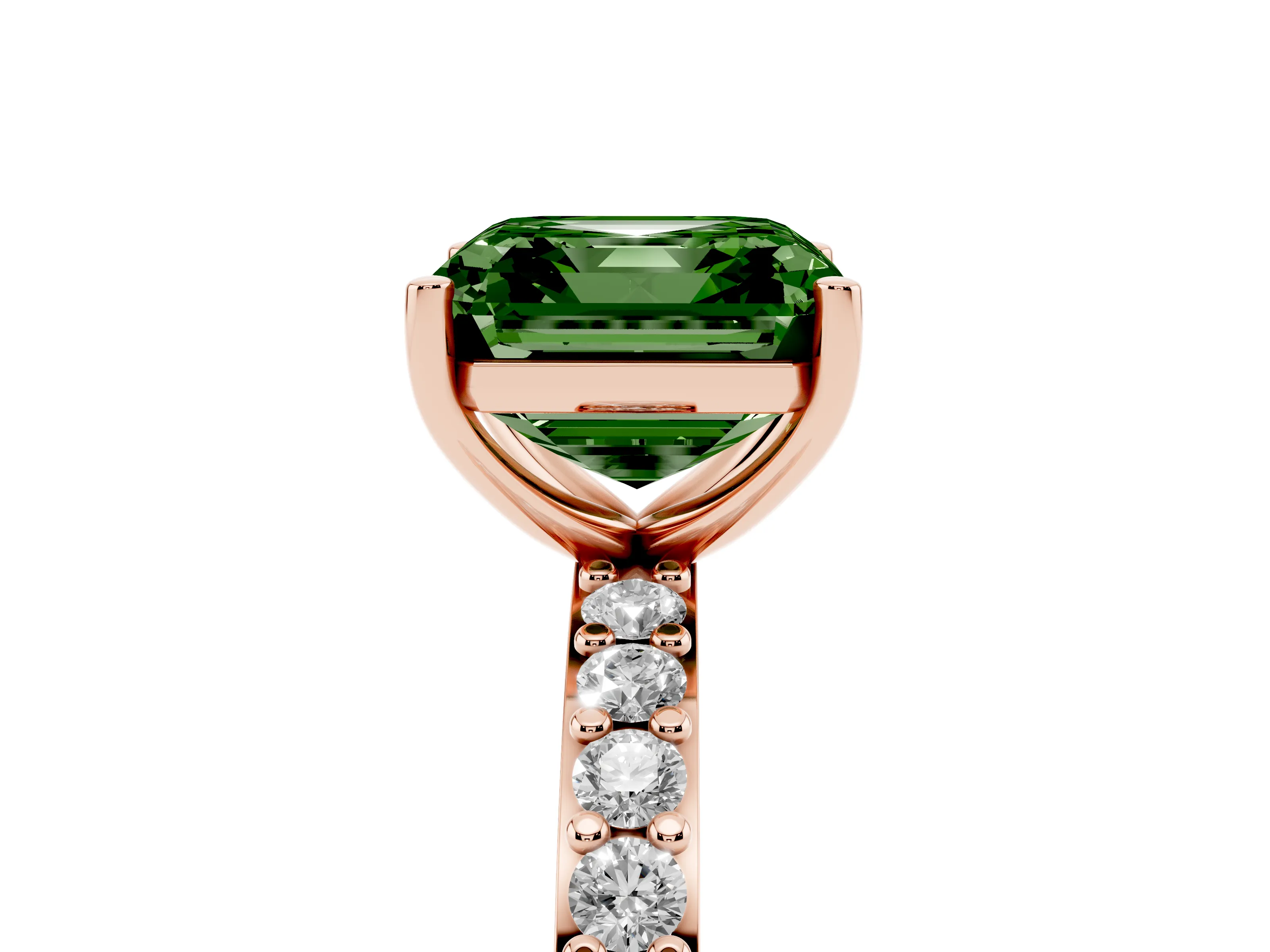 Fancy Green Asscher Cut Diamond Solitaire Set in Rose gold with Round Pavé Band and Prong Setting