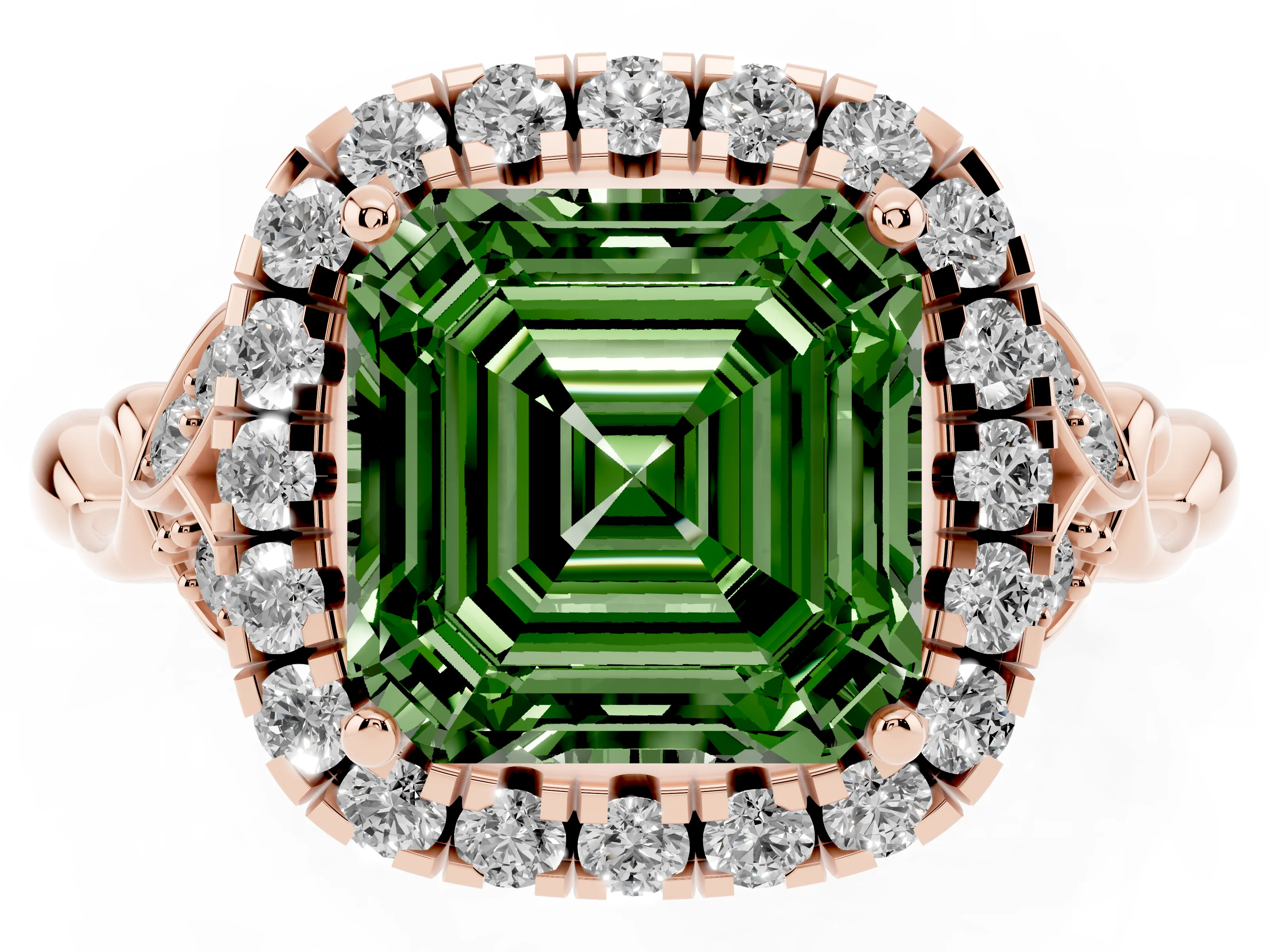 Fancy Green Asscher Cut Diamond Halo Engagement Ring Set in Rose gold with Vintage-Inspired Band and Prong Setting