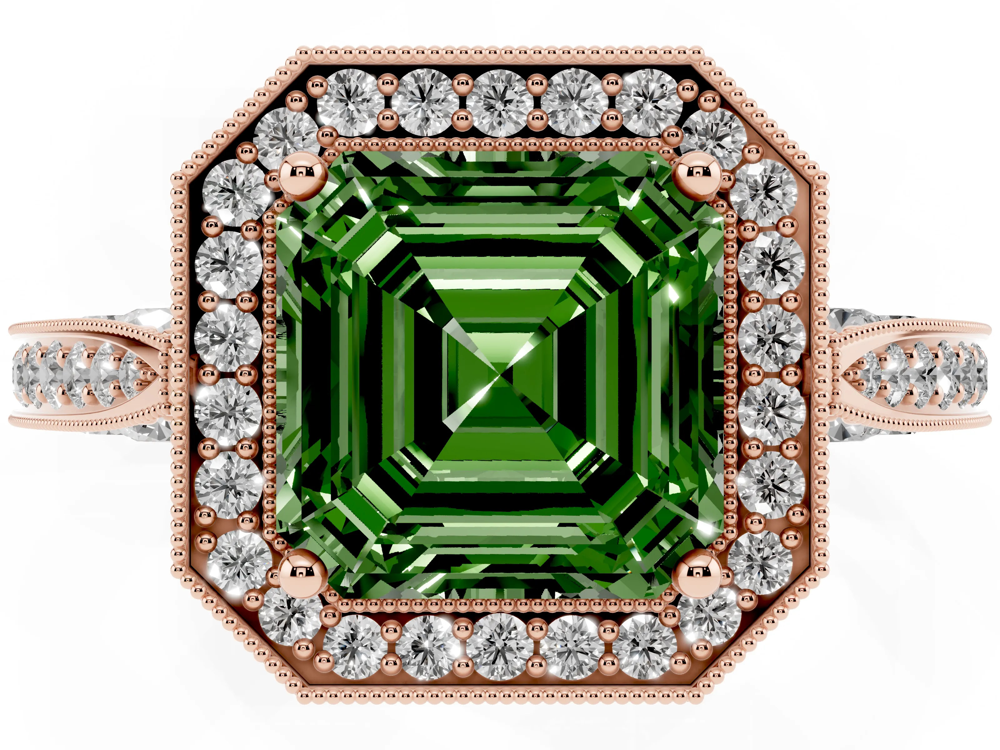 Fancy Green Asscher Cut Diamond Halo Engagement Ring Set in Rose gold with Accent Split Shank Band