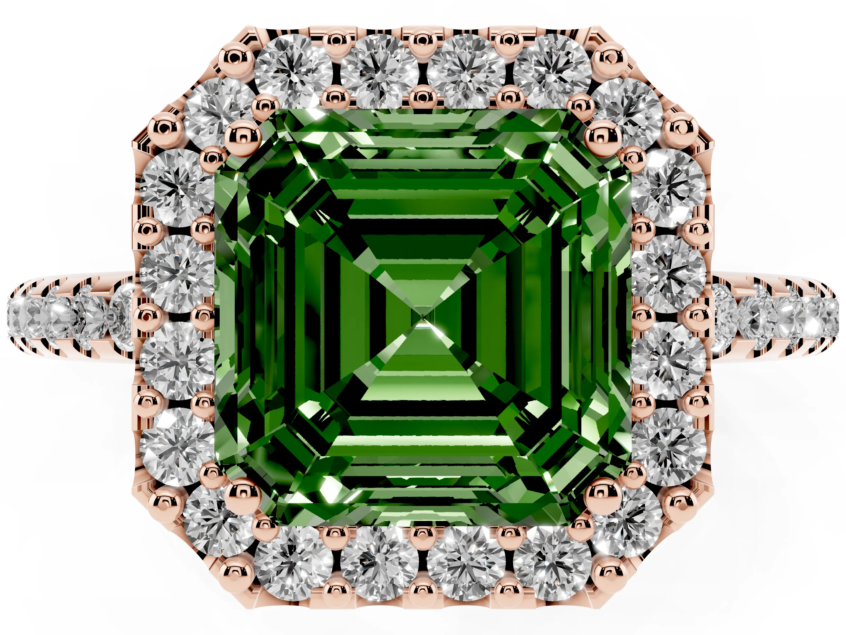 Fancy Green Asscher Cut Diamond Pavé Halo Ring Set in Rose gold with Prong Setting