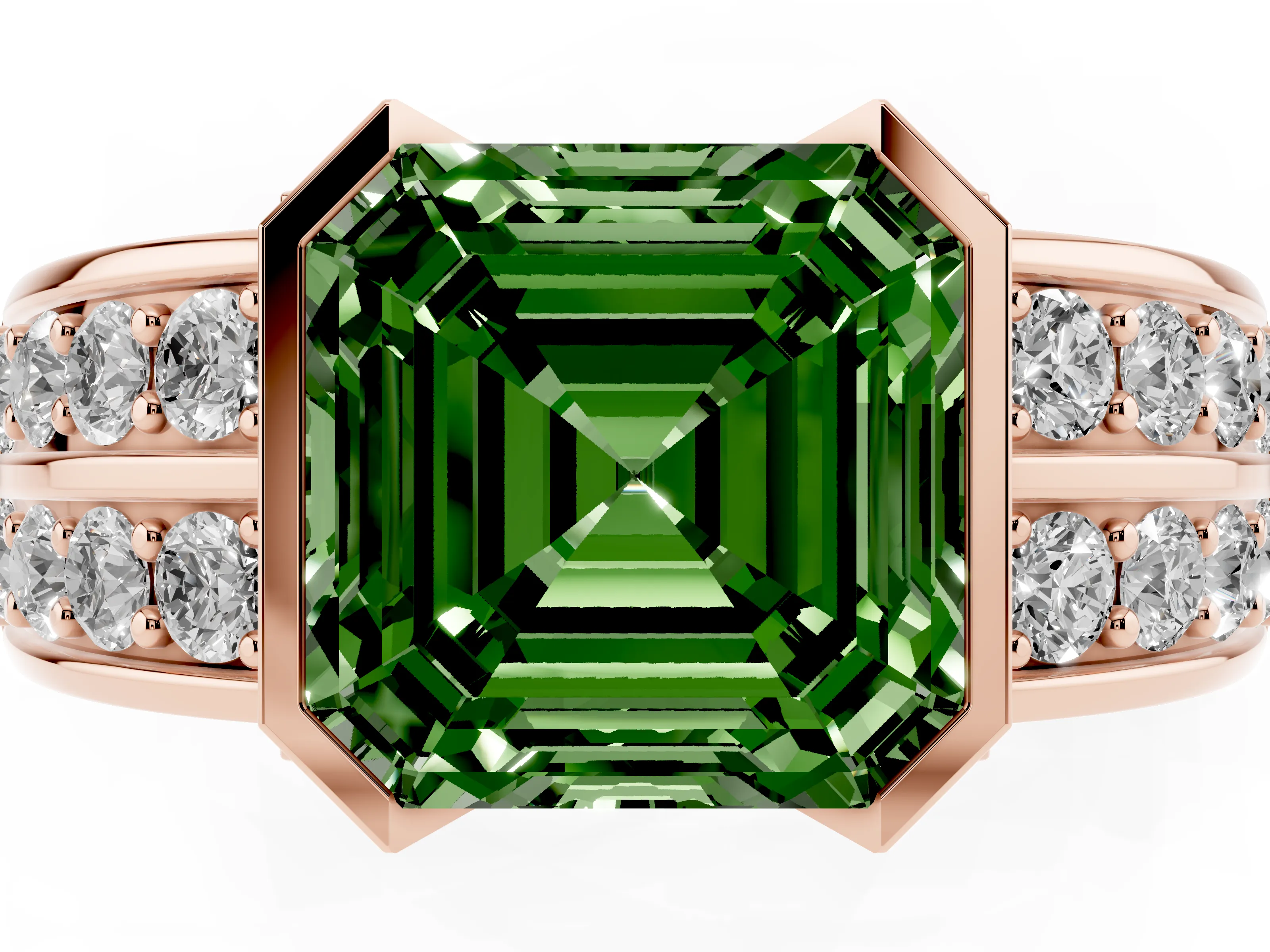 Fancy Green Asscher Cut Diamond Wide Channel Set Band Ring Set in Rose gold with Bezel Setting