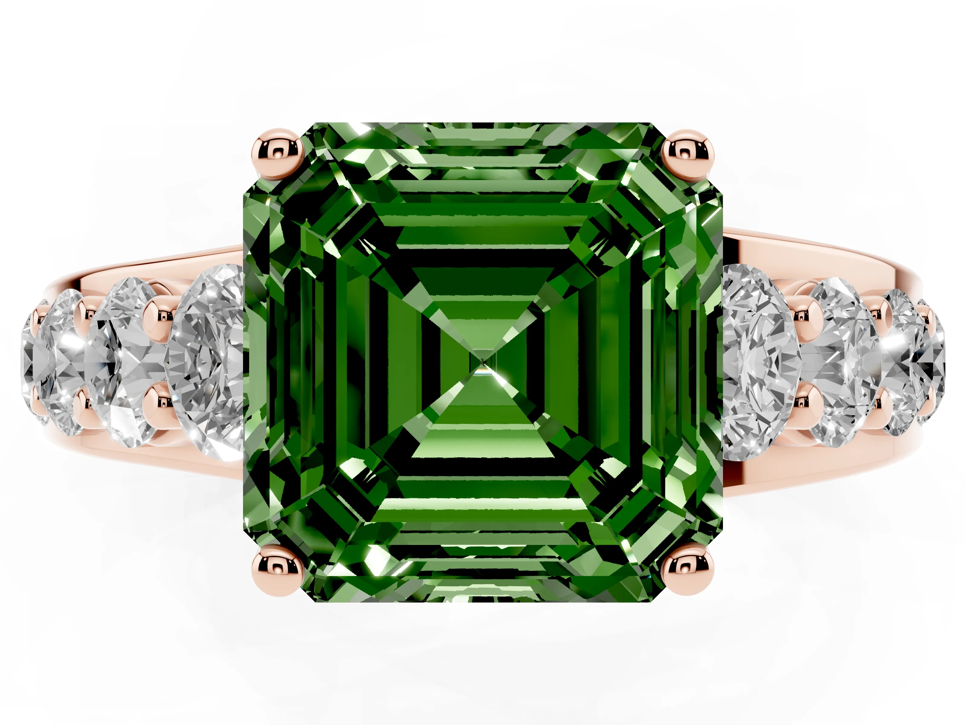 Fancy Green Asscher Cut Diamond Pavé Engagement Ring Set in Rose gold with Prong Setting
