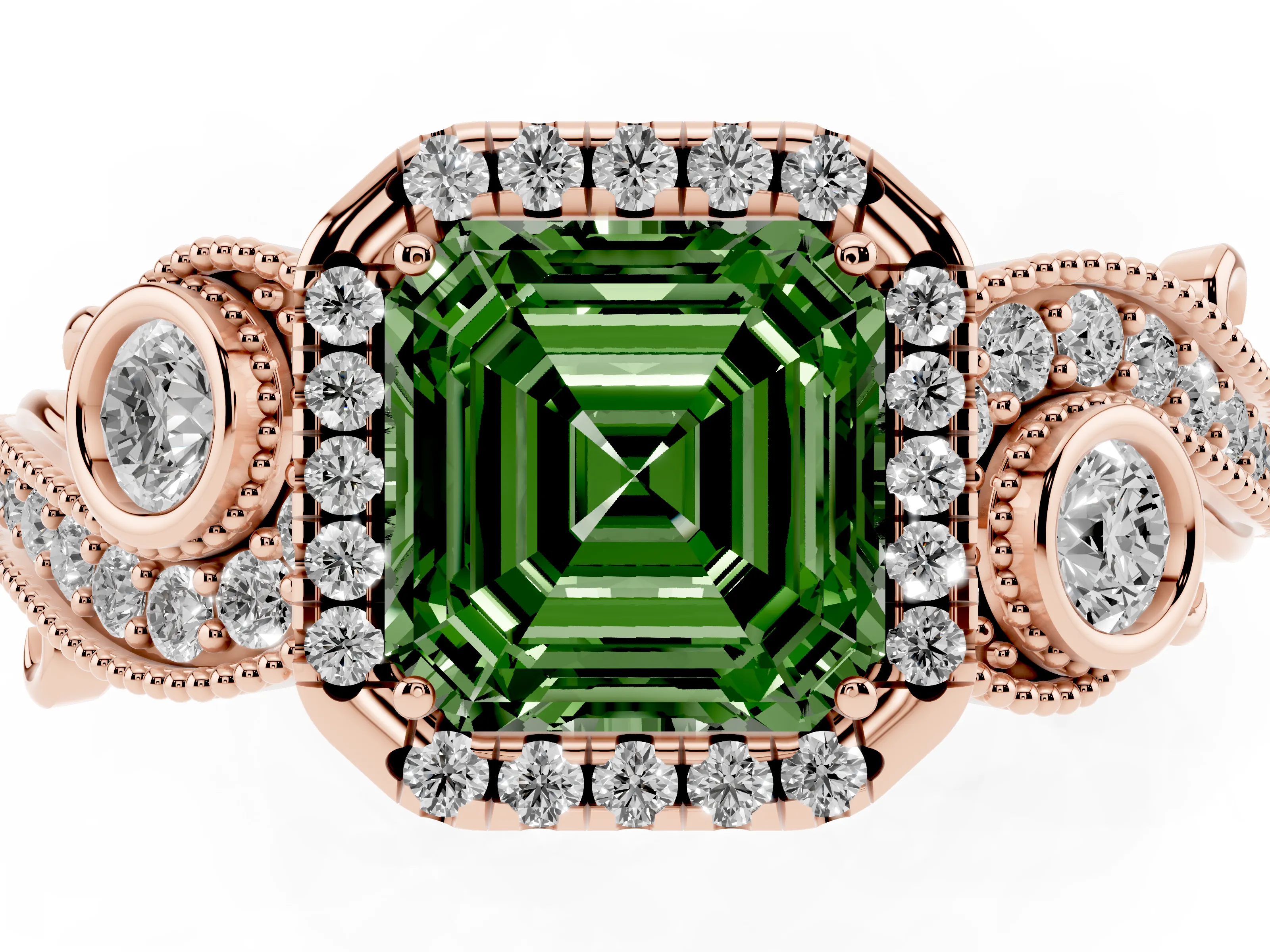 Fancy Green Asscher Cut Diamond Halo Ring Set in Rose gold with Milgrain Pavé Band and Prong Setting