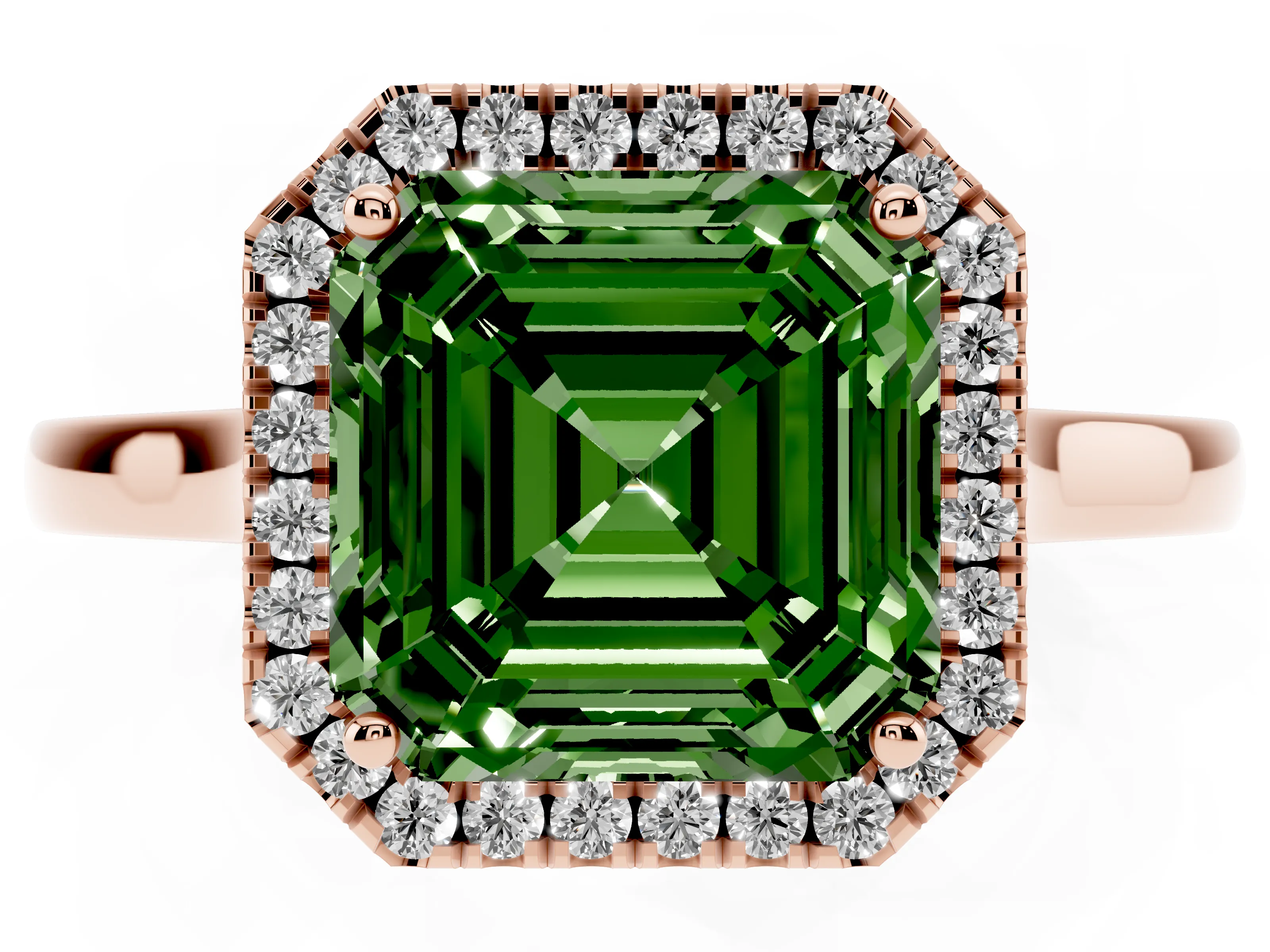 Fancy Green Asscher Cut Halo Round Diamond Solitaire Ring Set in Rose gold with Pavé Band and Prong Setting