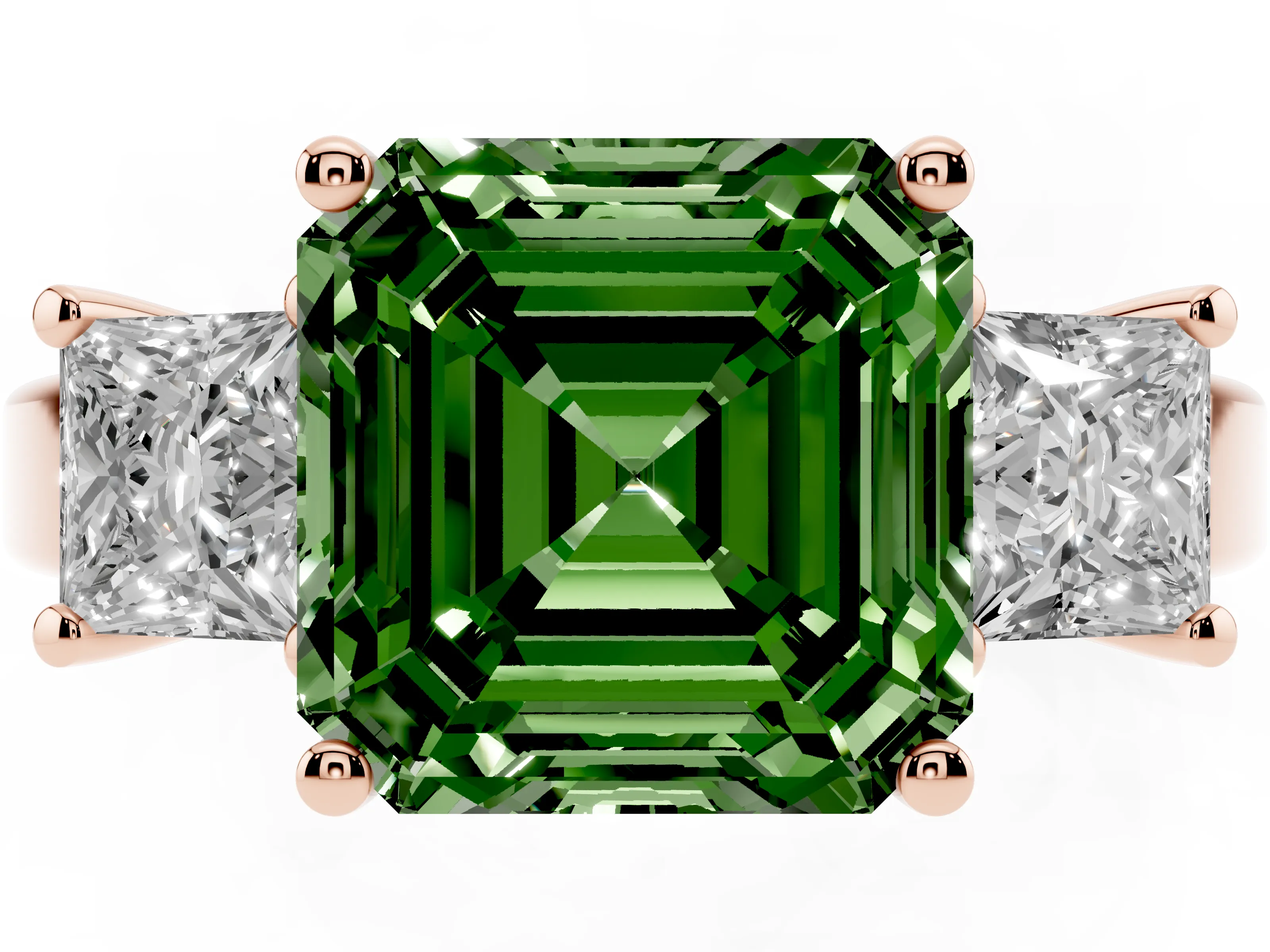 Fancy Green Three-Stone Asscher Cut Diamond Solitaire Ring Set in Rose gold with Prong Setting