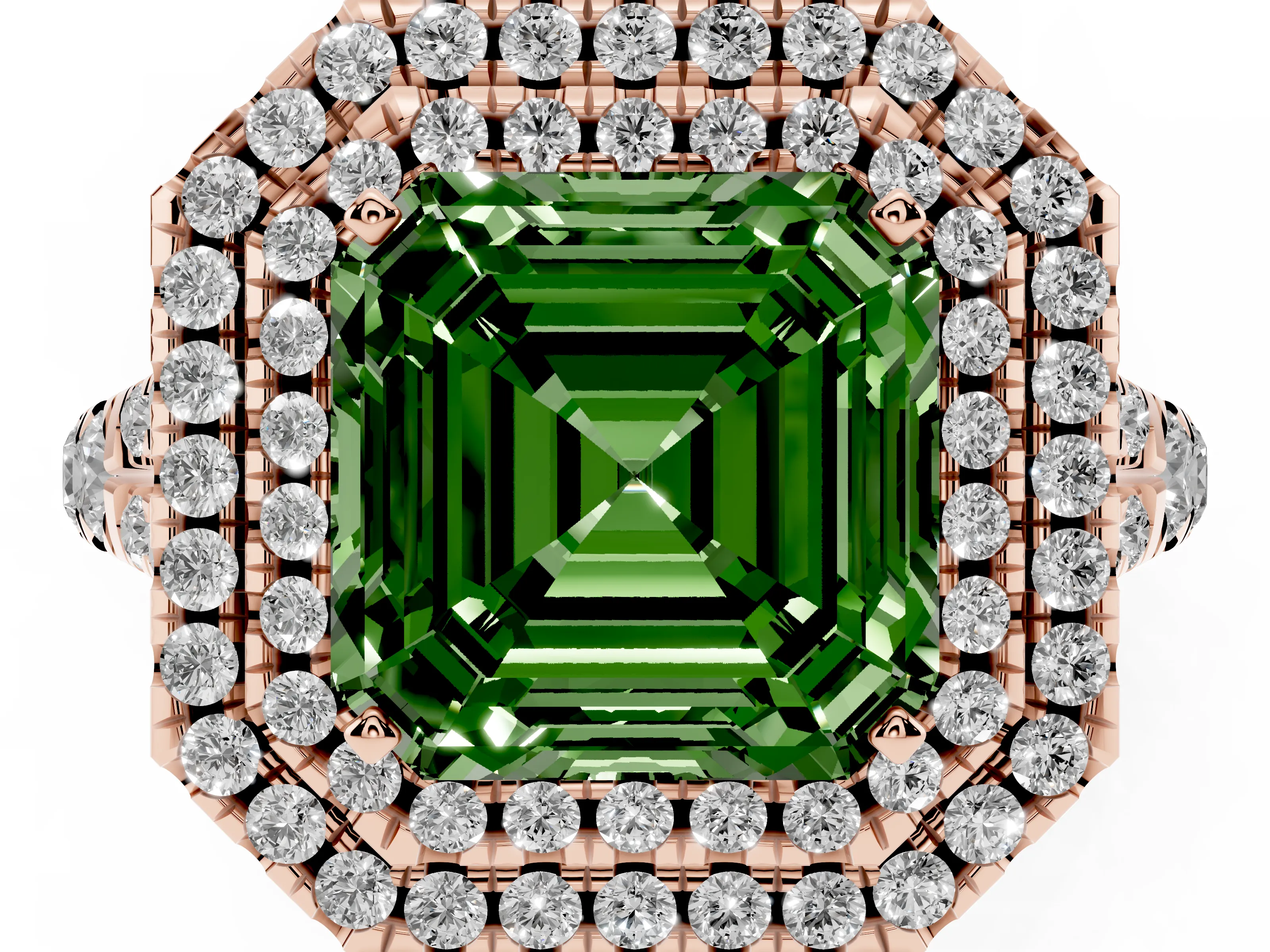 Fancy Green Asscher Cut Diamond Pavé Split Shank Double Halo Engagement Ring Set in Rose gold